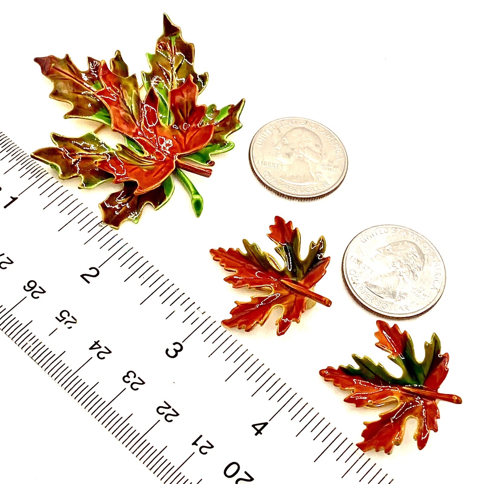 Vtg GoldTone Unmarked Brooch ClipOn Earrings 3D Fall Colors Leaves Unique Rare C