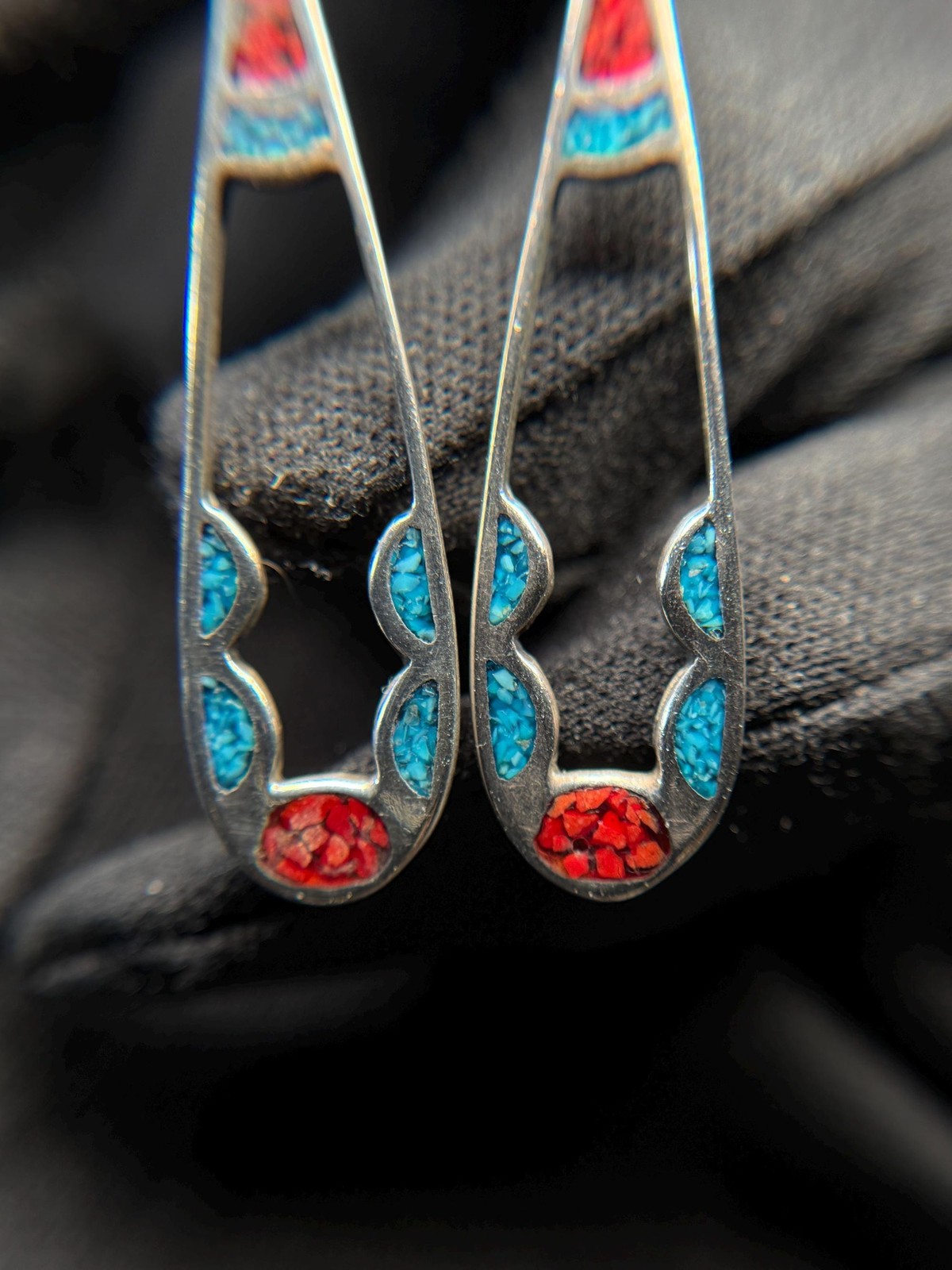 Southwestern Sterling Silver Turquoise Coral Inlay Drop Earrings