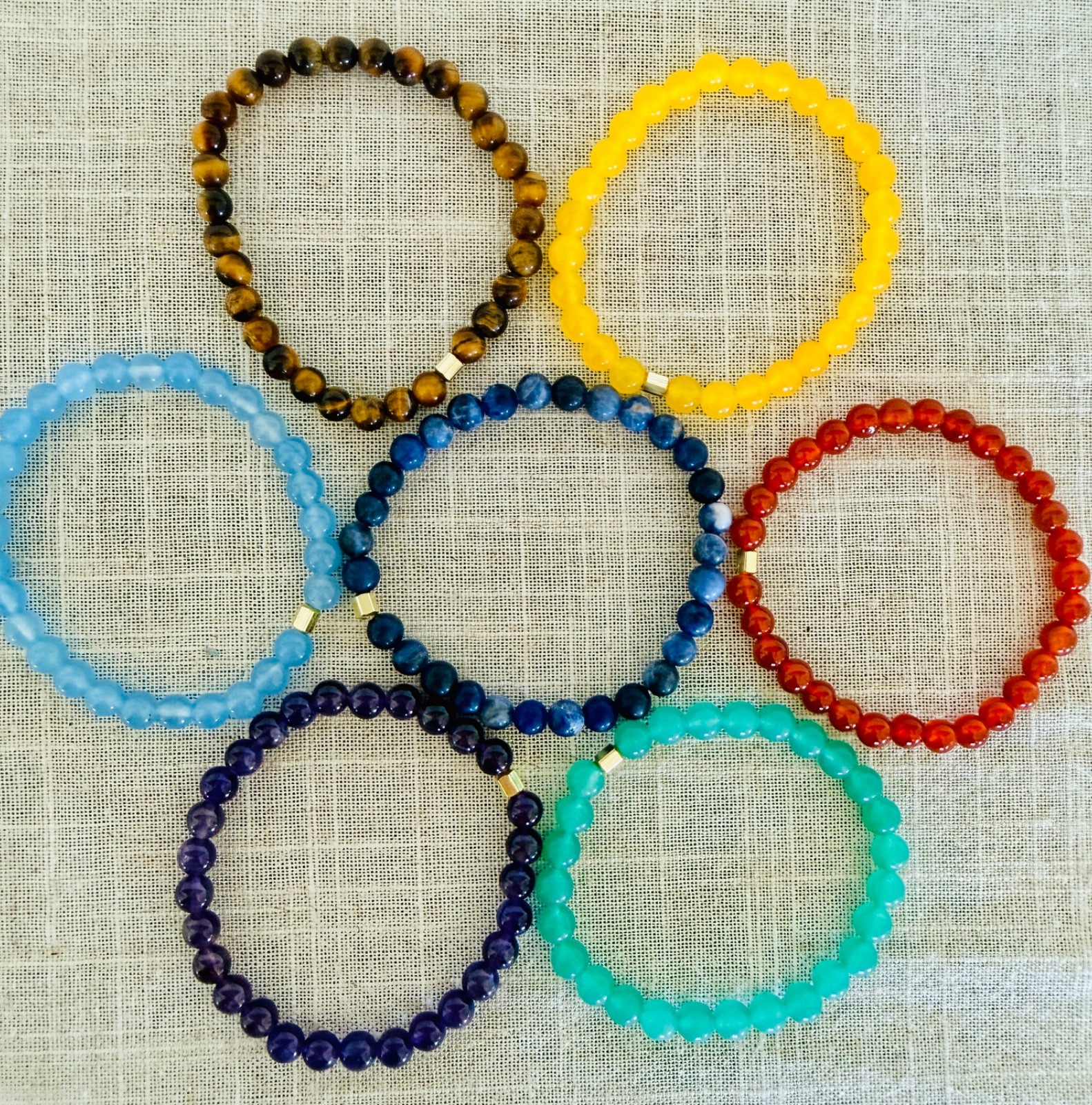 Natural Gemstone Bracelet Set Tiger Eye Amethyst Carnelia Jade Lapis