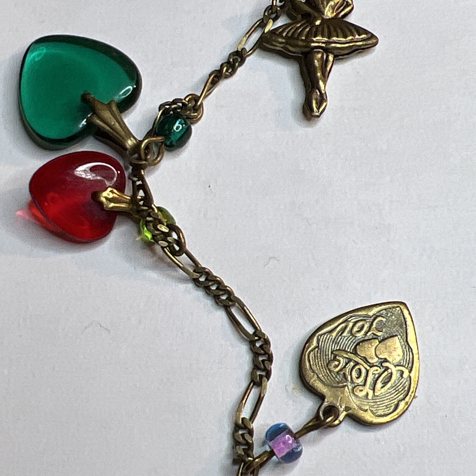 Vintage Glass Works Studio Necklace Unsigned Hearts Brass Charms Cherub