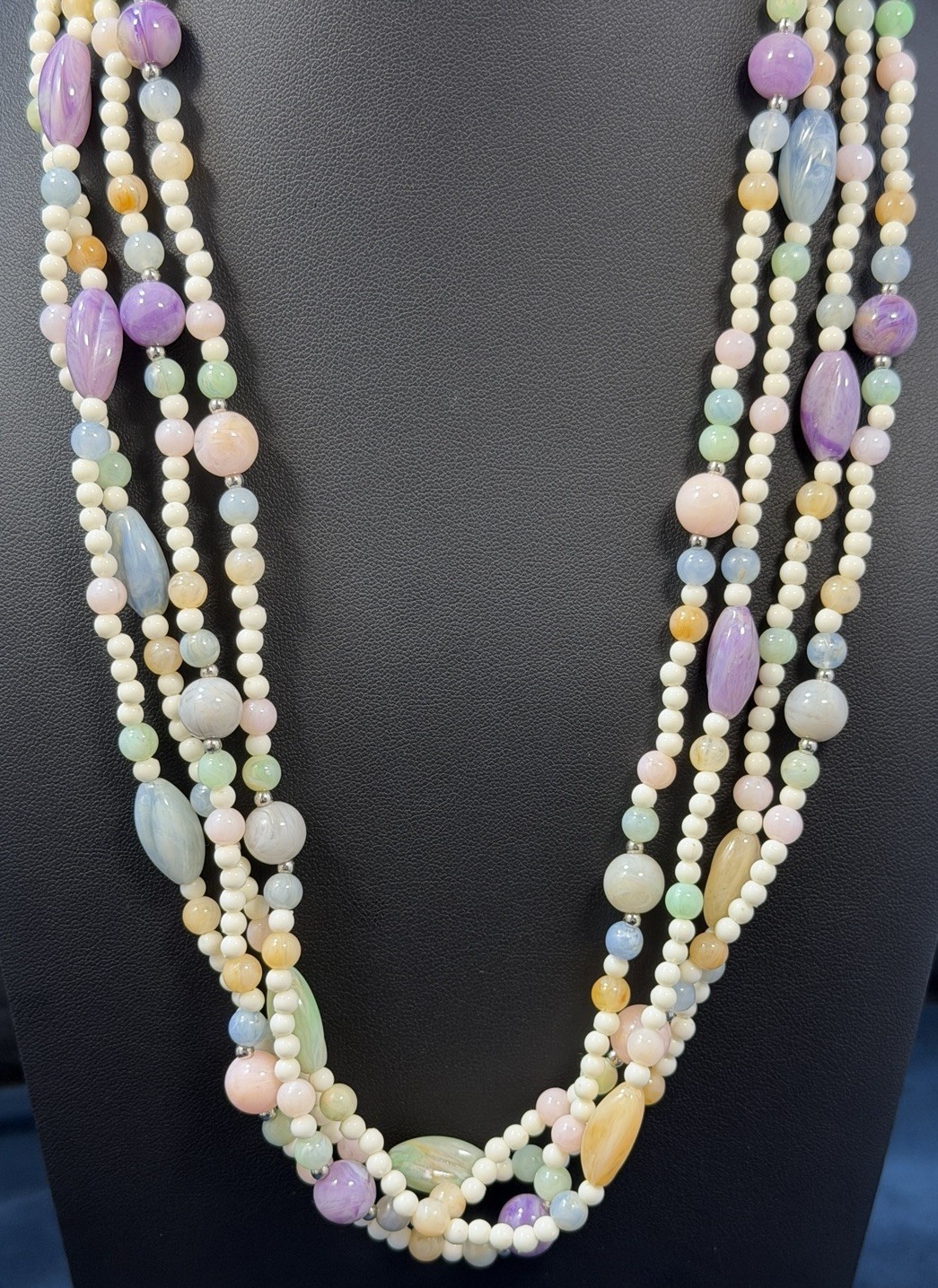 Vintage Multi Strand Glass Beaded Necklace Earrings Set 3 PC Lavender Pastels