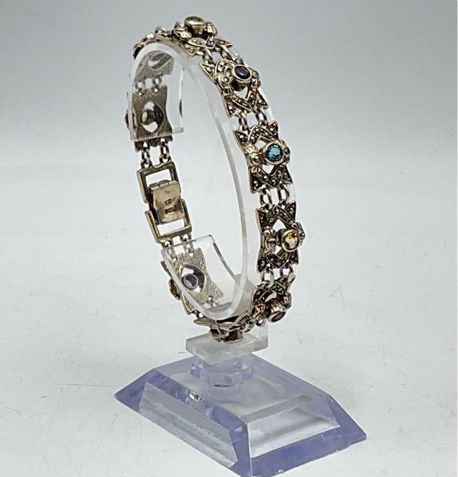 925Sterling Silver Multigemstone Marcasite Vintage Tennis Bracelet And Ring Set