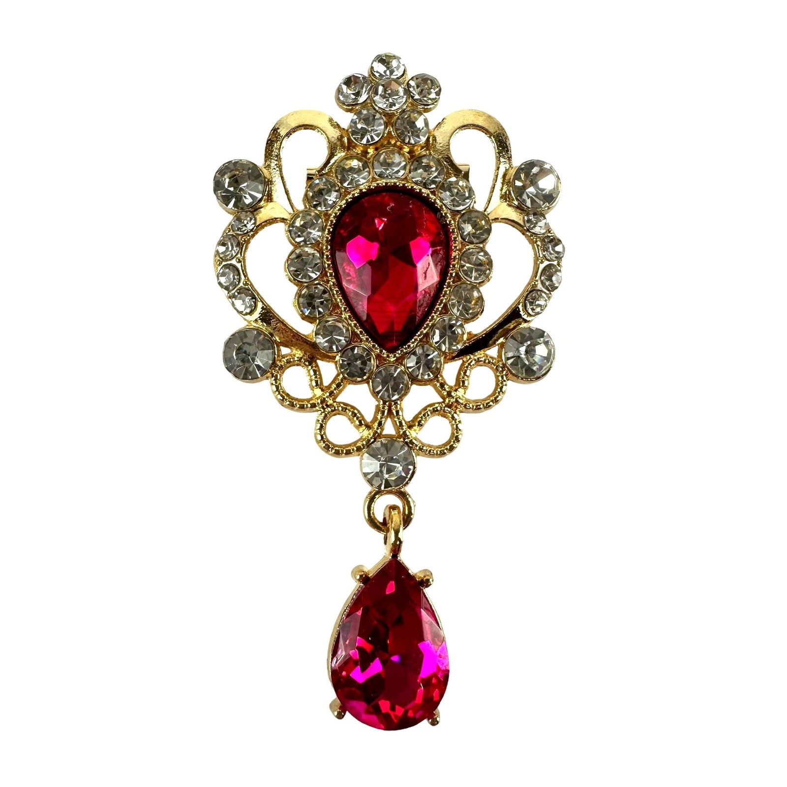 Crystal Brooch Pinkish Red Victorian Style Gold Tone