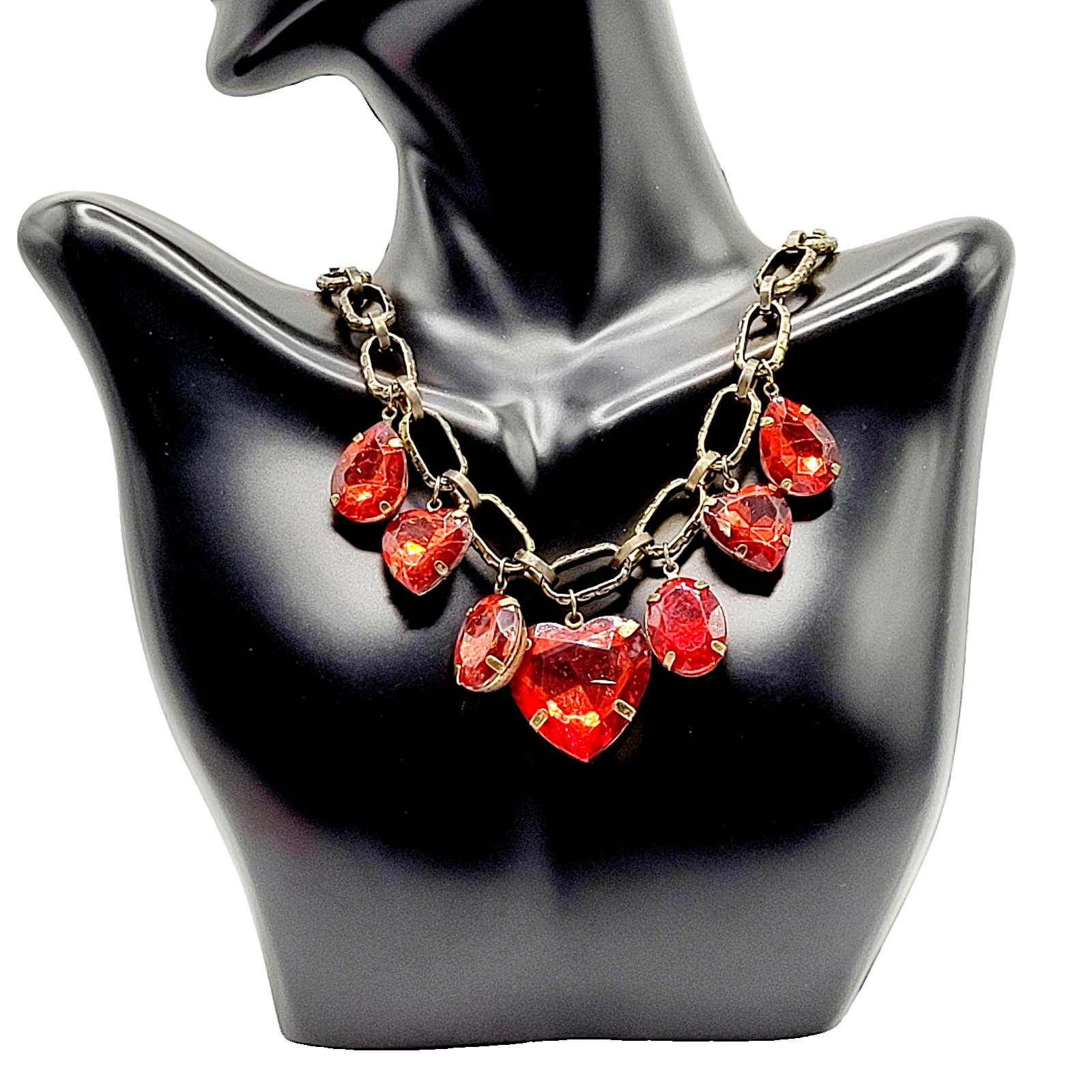 Red Acrylic Gem Statement Red Heart Brass Tone Large Link Vintage Necklace 17 In