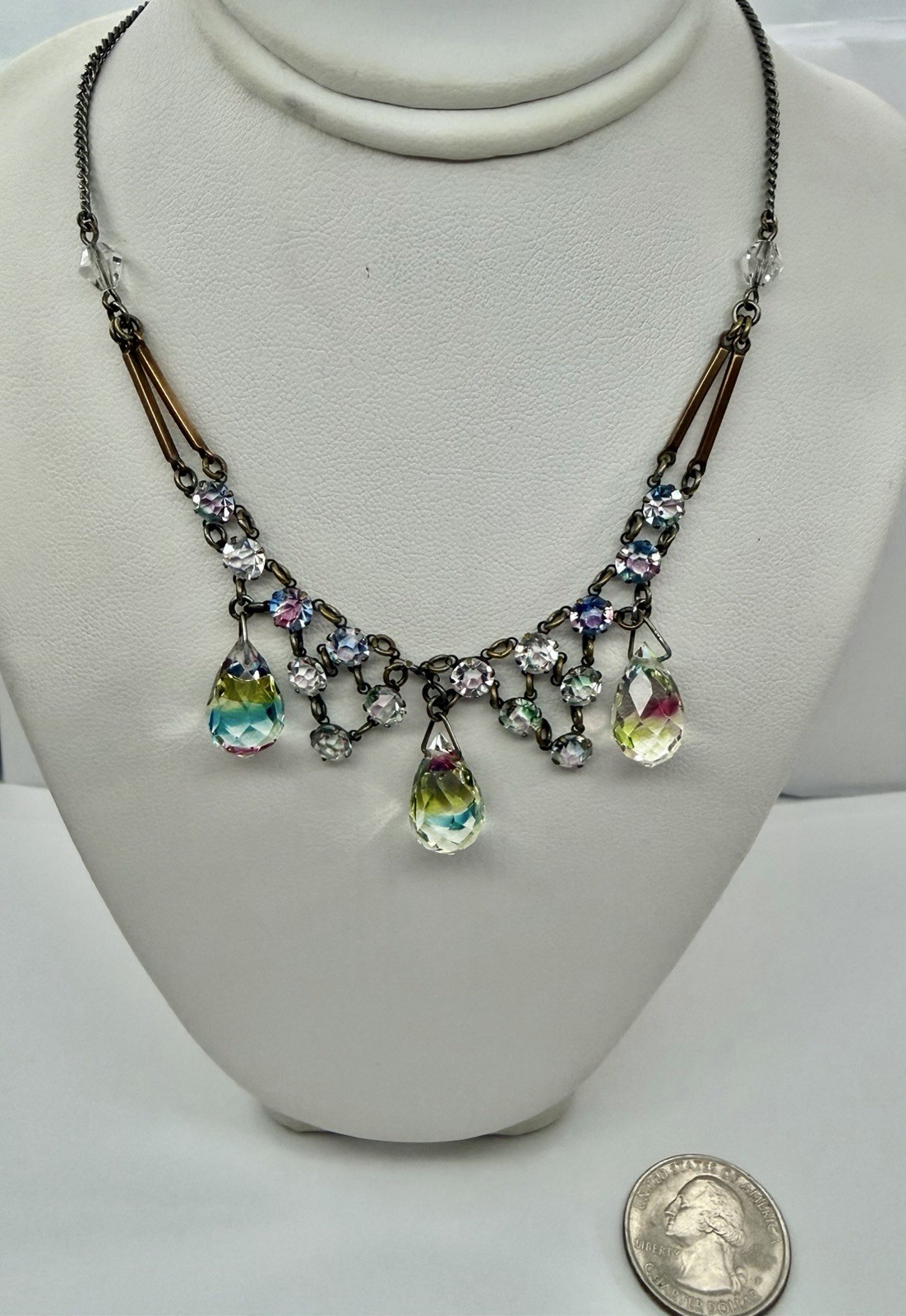 Art Deco Rainbow Iris Arc Crystal & 3 Briolettes Festoon Pendant Necklace 18”