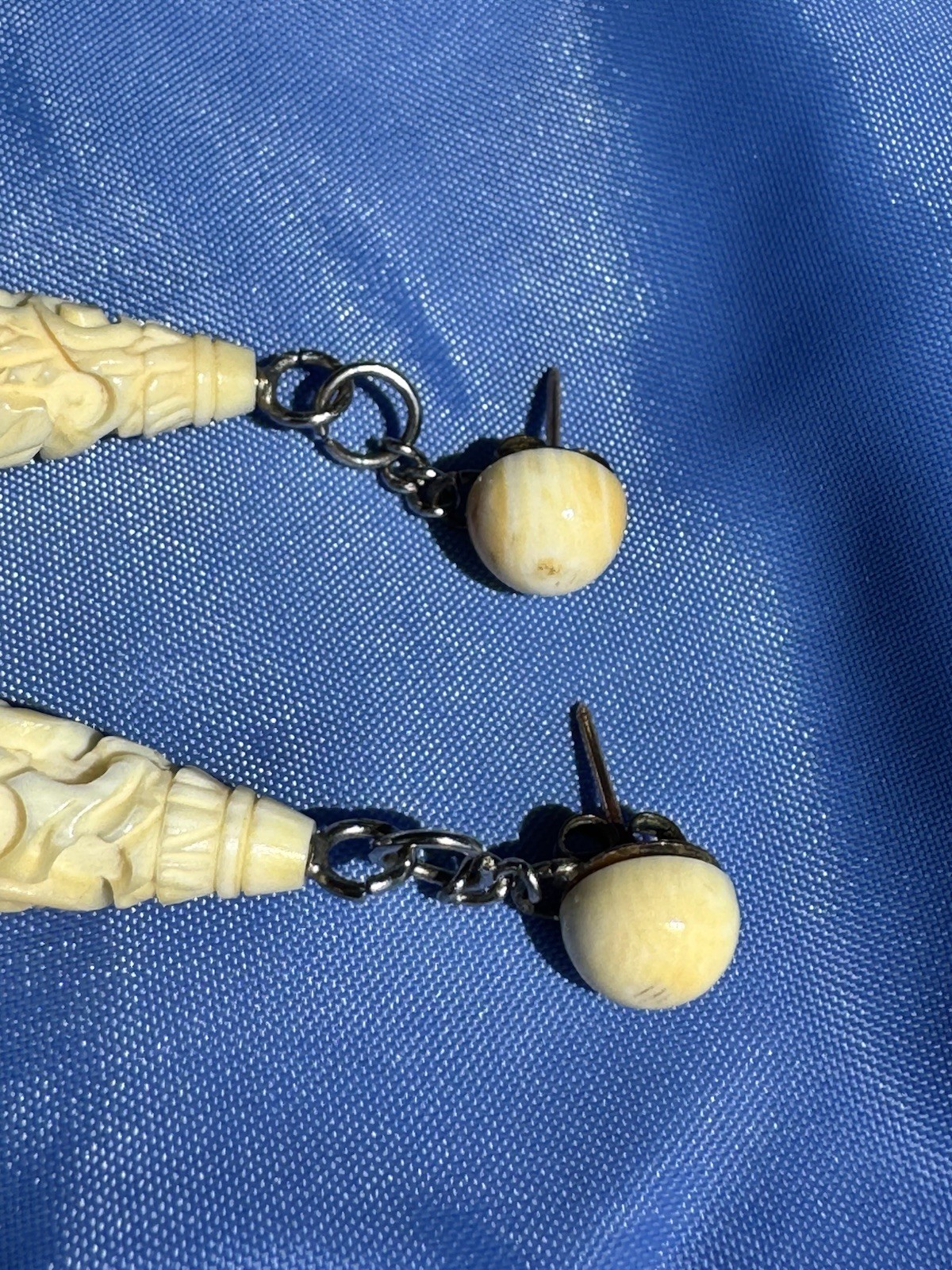 Vtg Carved Bone Dragon Earrings Butterscotch Amber Studs MidCentury Asian Export