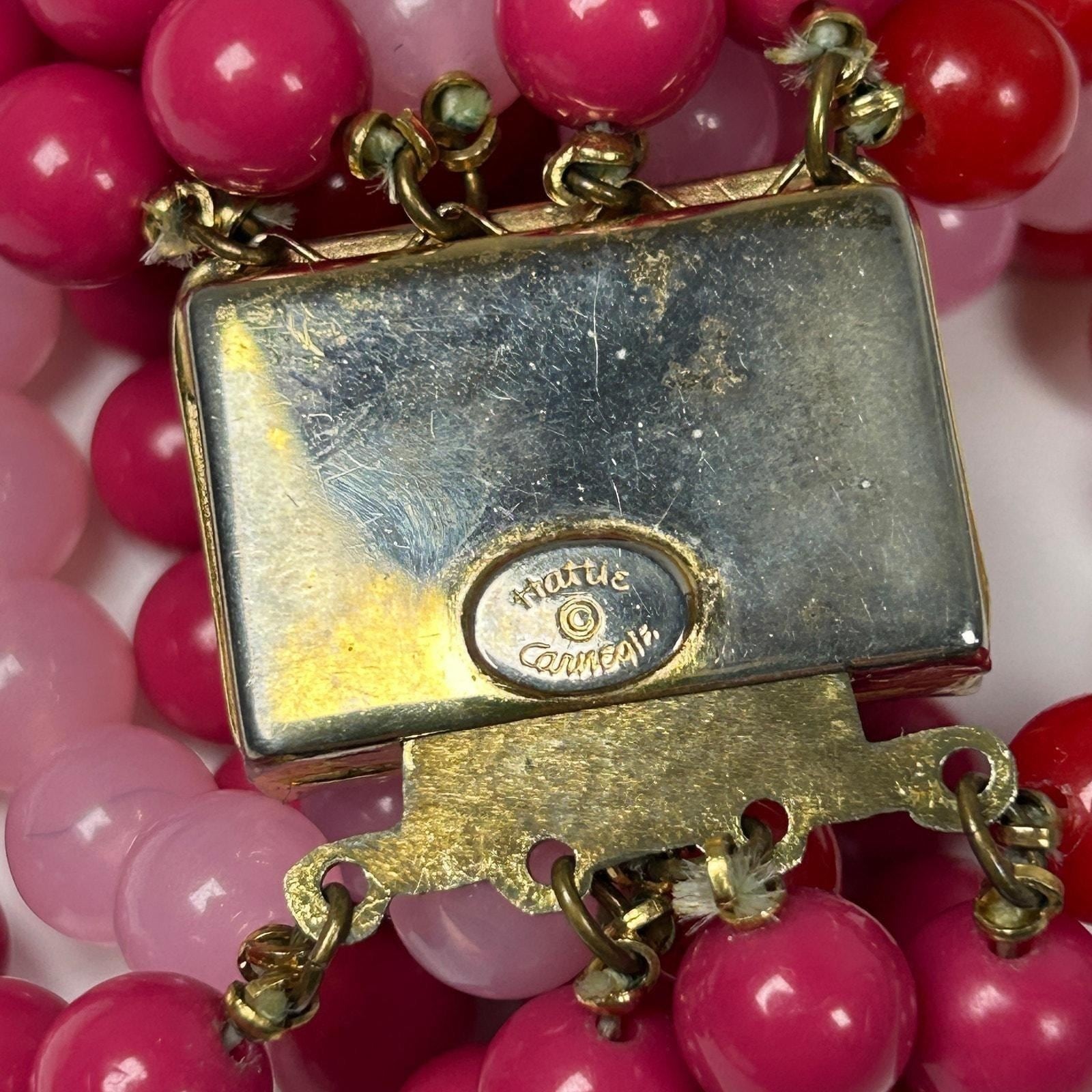 Hattie Carnegie Statement Bead Necklace Pink Red Multistrand 1950s Signed
