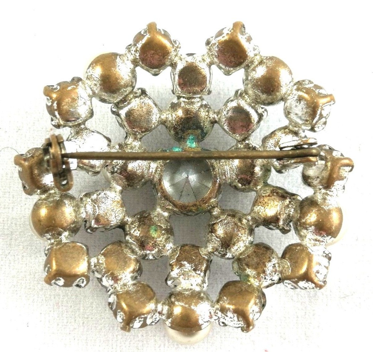 Czech Brooch Mid Century Pin Vintage Glass Rhinestone Faux Pearls Vtg Accessory