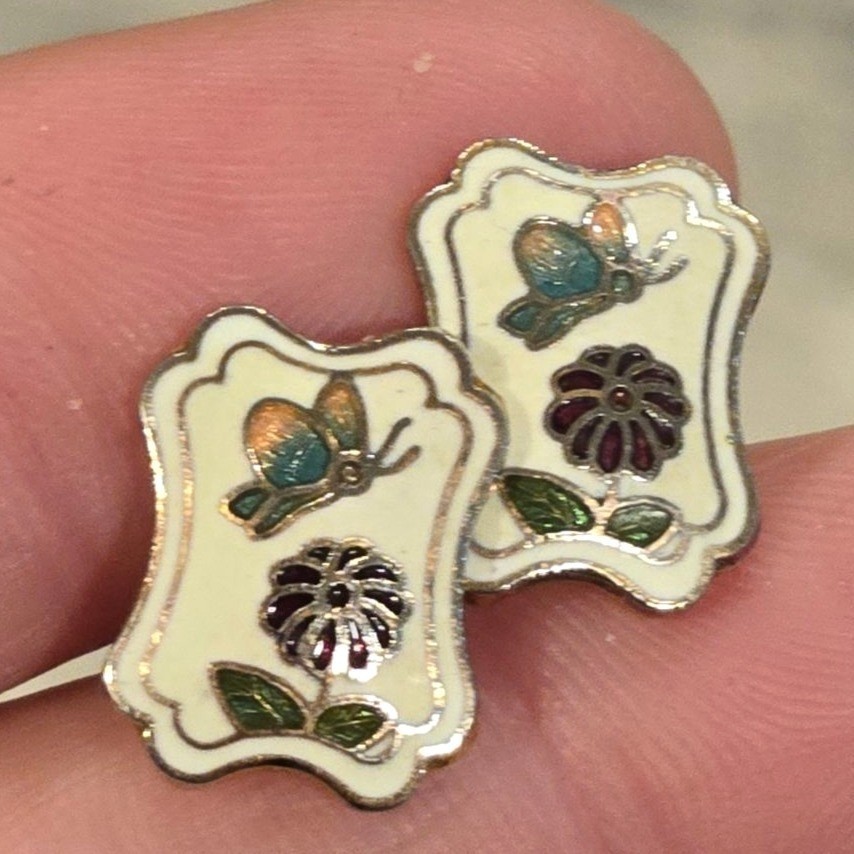 Vintage Cloisonné Butterfly Floral Earrings Garden Jewelry Enamel Summer Spring