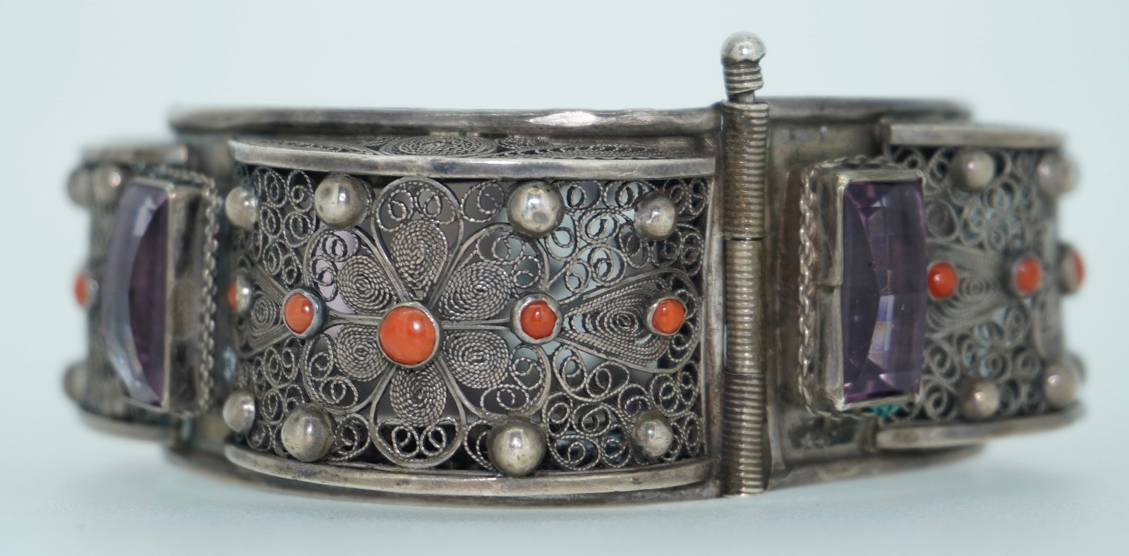 Vintage 800 Cannetille Coral & Amethyst Glass Bracelet
