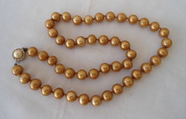 Vintage Faux Pearl Bead Necklace Sterling Rhinestone Cluster Clasp Hand Knot 19″