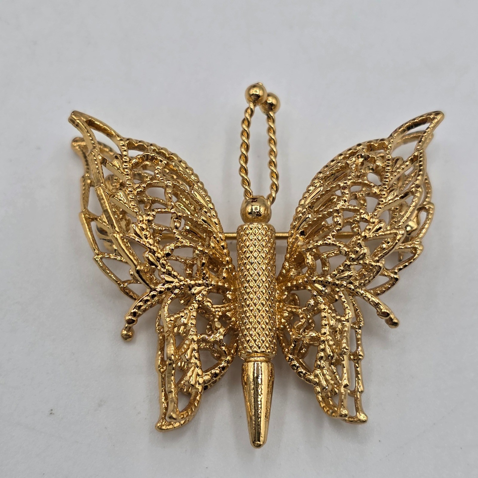 Monet Vintage Butterfly Brooch Gold Tone Filigree Openwork Textured Pin Garden