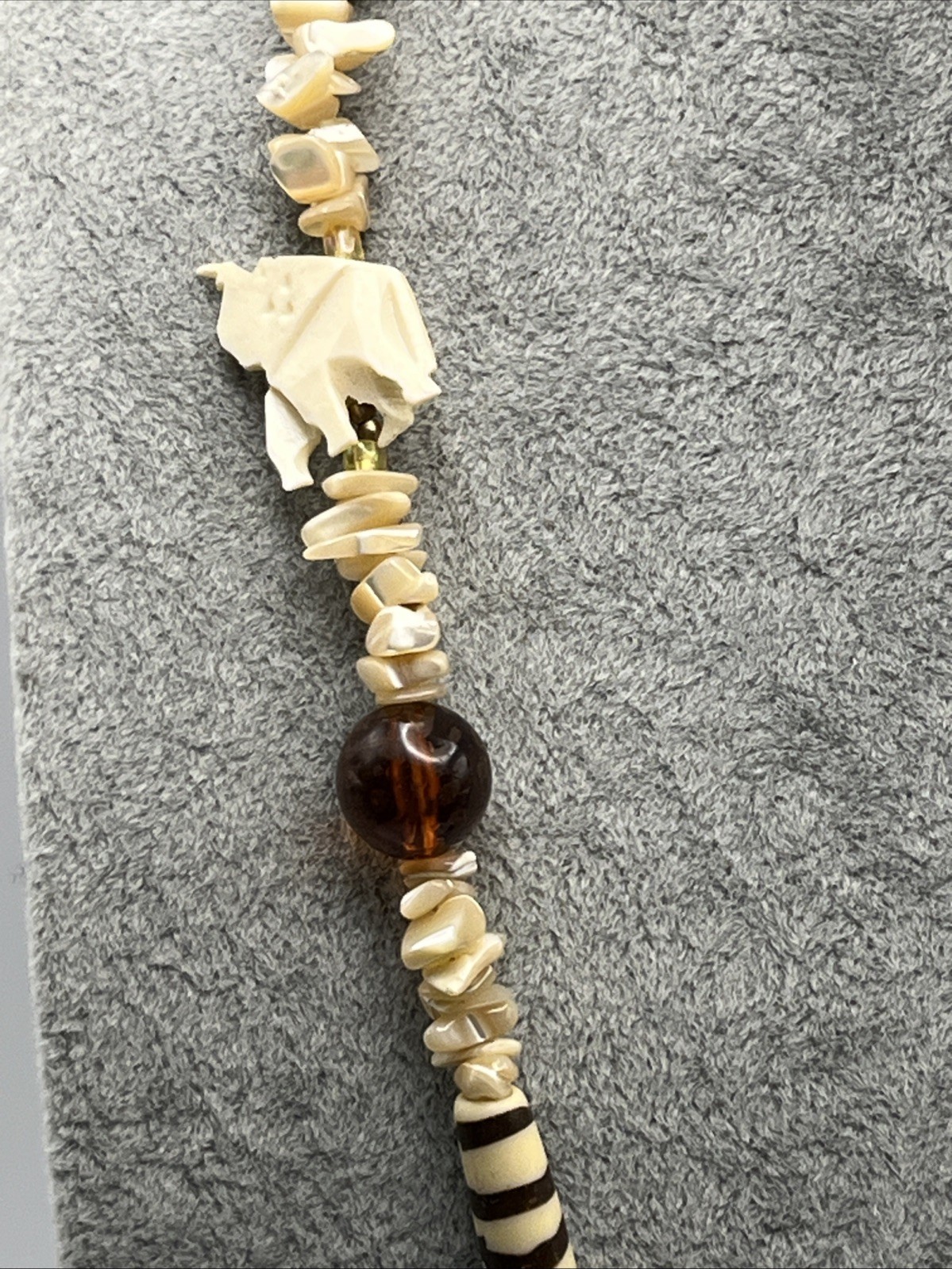 Vintage Shell And Acrylic Animal Print Carved Elephant Asymmetrical Necklace