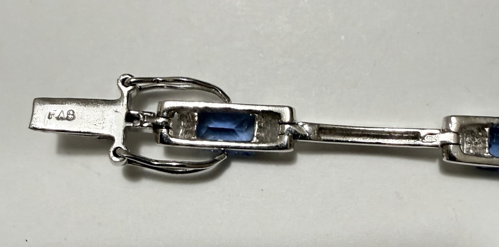 Vintage FAS Sterling Silver Blue Faceted Stone Station Bar Link Bracelet 7”, 10g