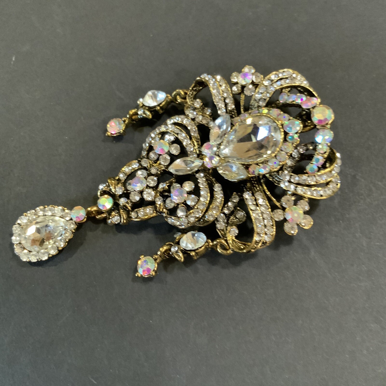 Vintage Rhinestone Brooch Pin or Pendent Dangle Antique Gold Tone 4 in Long