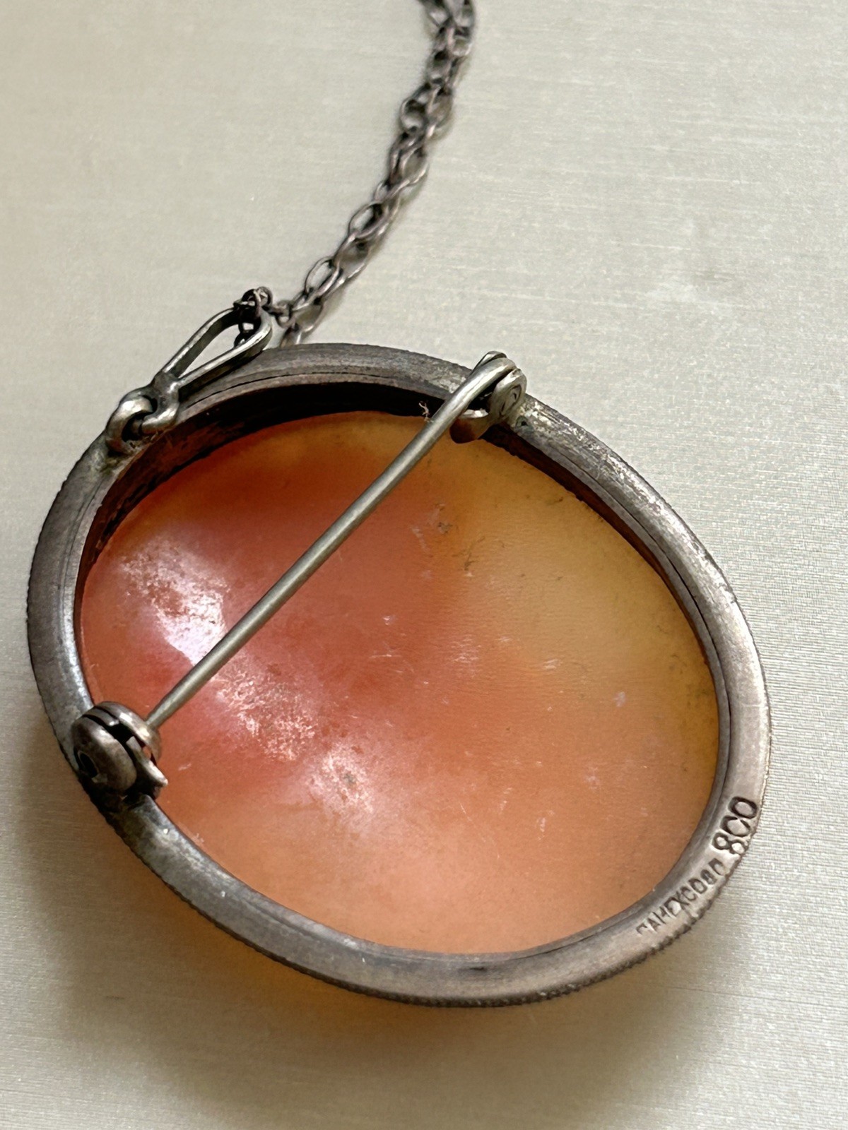 Antique 800 Silver Cameo Pendant Necklace W/Clip On Earrings & Brooch Pendant 2″