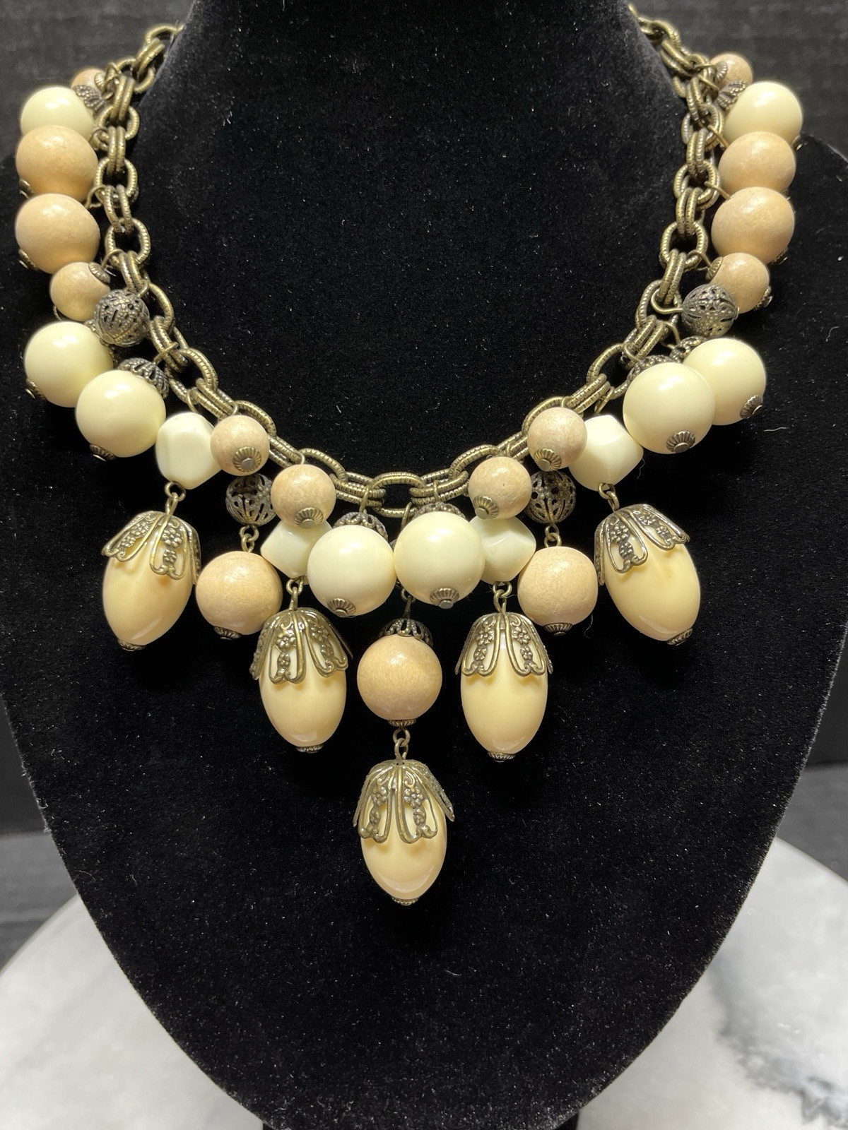 Vtg Bronze Tone Vanilla Beaded 19″ Statement Necklace by Gerard Yosca Boho Lux