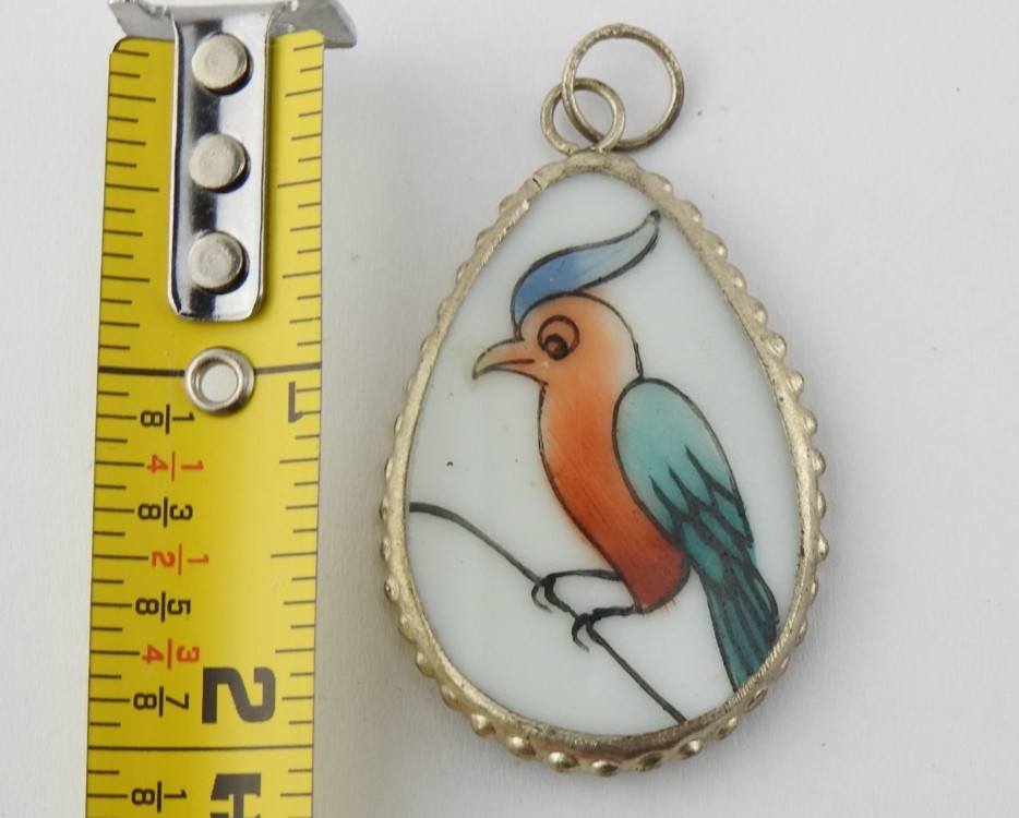 Vintage Hand Painted Porcelain Bird Pendant Teardrop Silver Tone Frame Art Deco