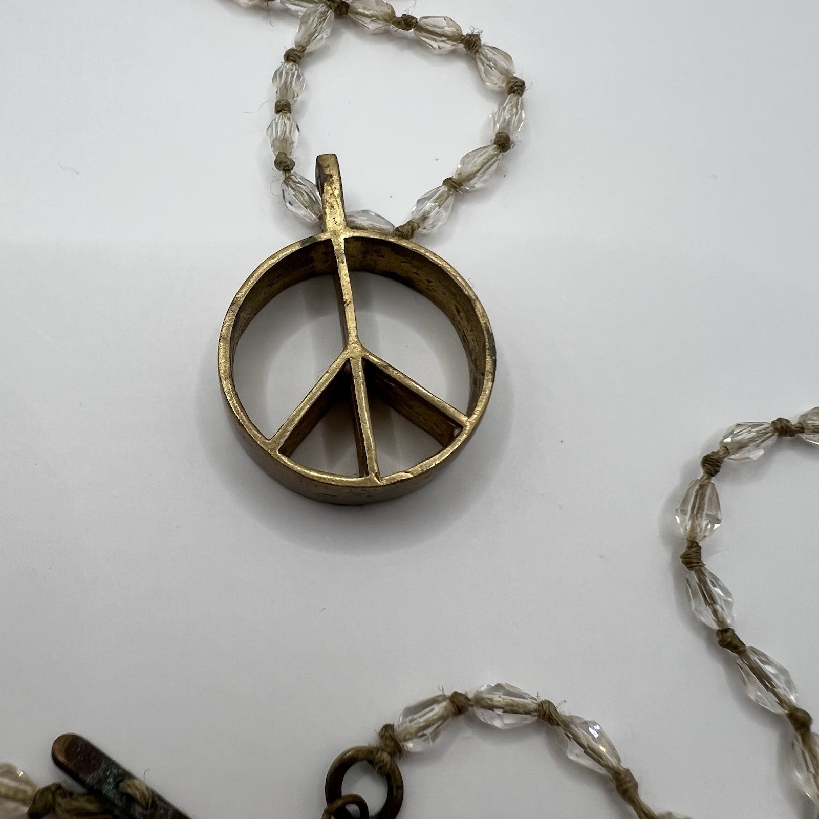 ICON Peace Sign Necklace Brass and Glass Beaded Chain 38” Long Casual Every Day