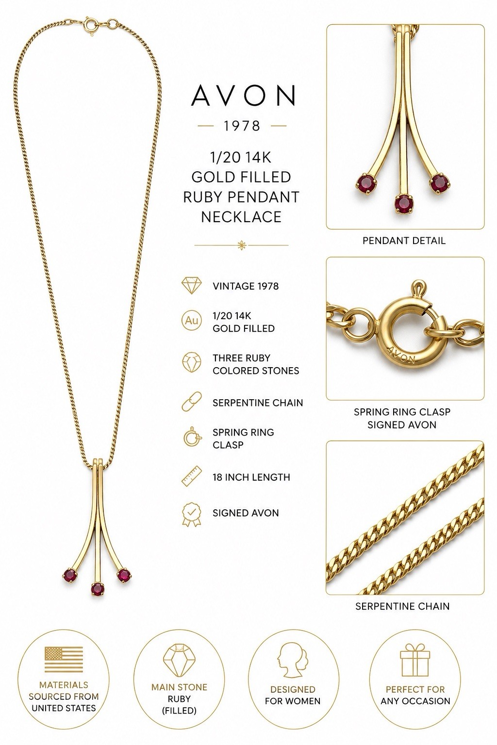 Vintage Avon 1978 1/20 14K Gold Filled 17” Ruby Pendant Necklace Signed