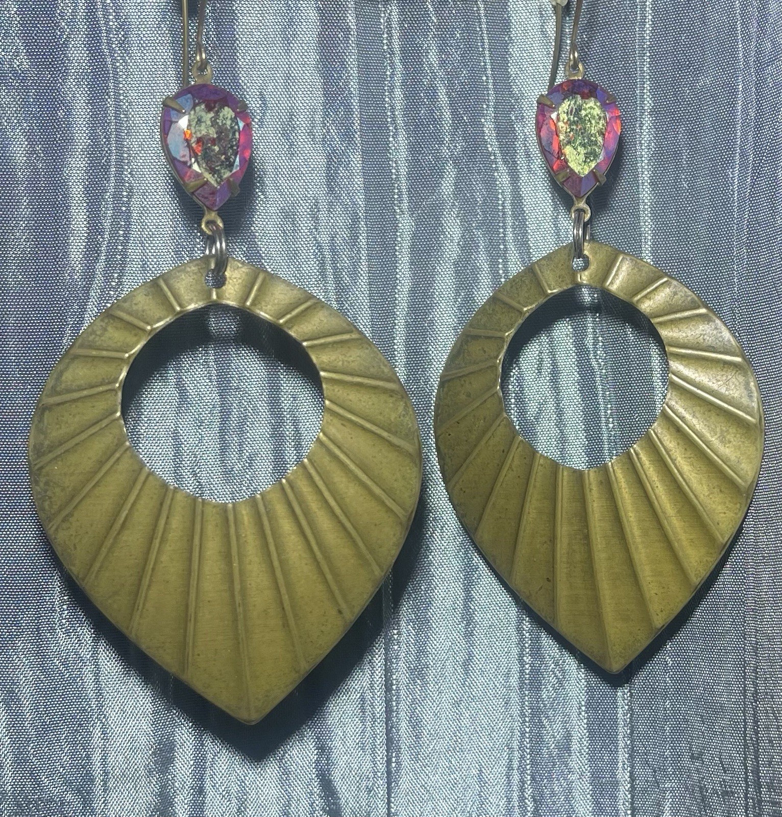 Brass Leaf Sun Shape Earrings Red Iridescent Glass Flare