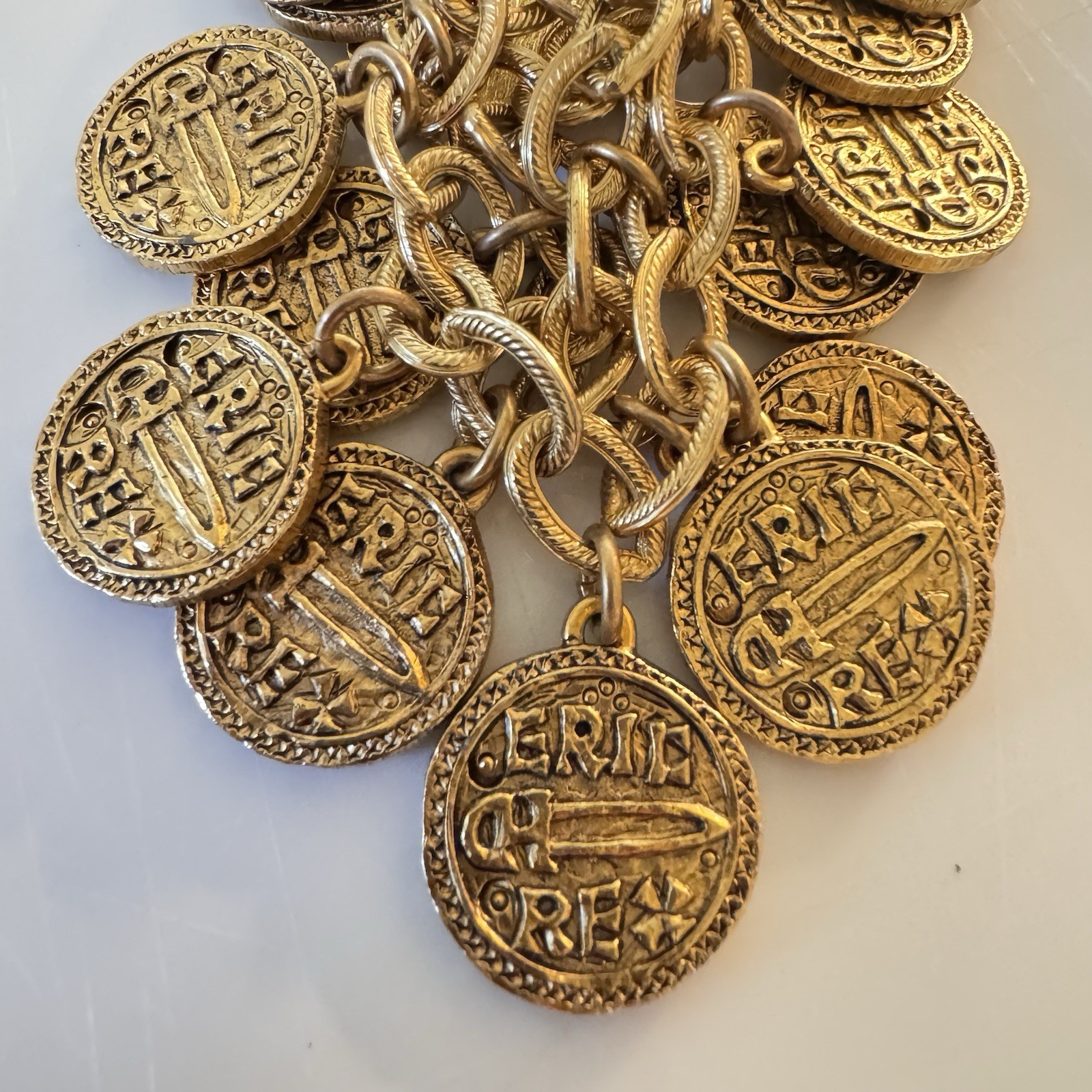 Vintage Stewart Lucas Coin Charm Bracelet, 80s 90s, Etruscan, Byzantine, Signed!