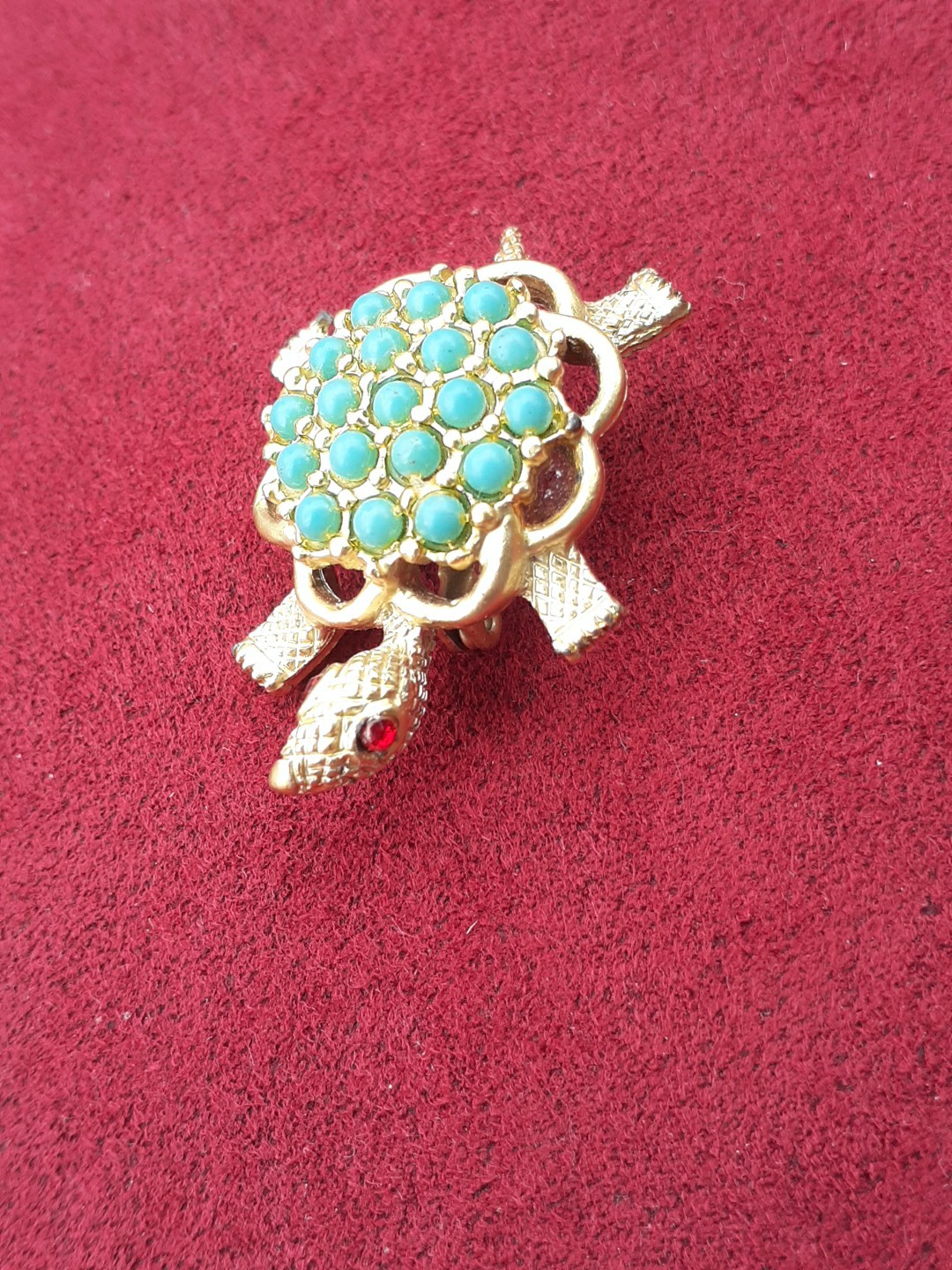 Vintage Turtle Gold Toned Brooch With Faux Turquoise Beads Red Rhinestone Eyes