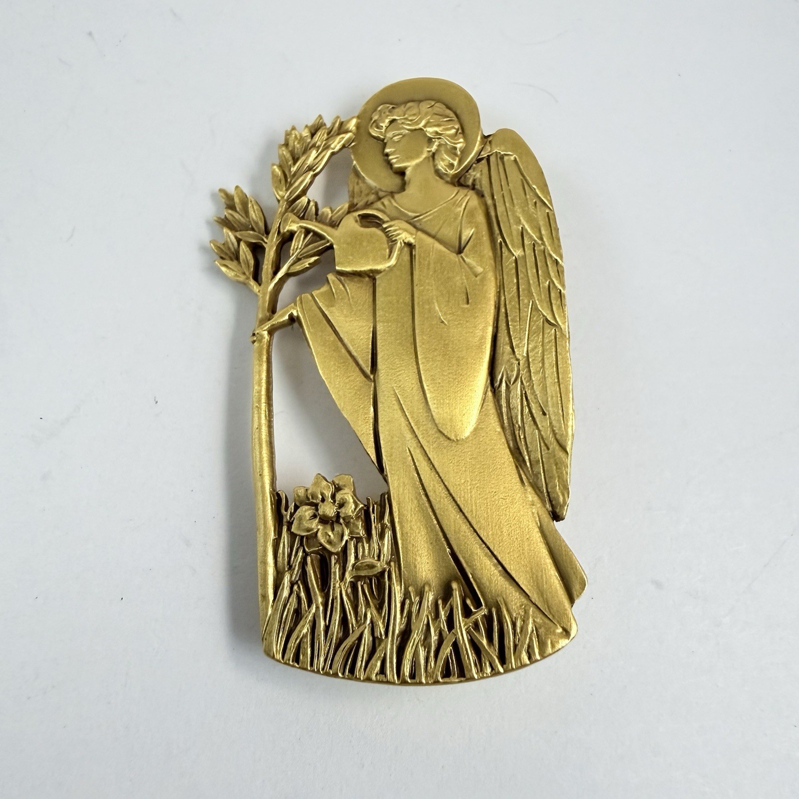 Vintage Catholic Angel Watering Garden Art Nouveau Gold Tone Brooch Signed AA