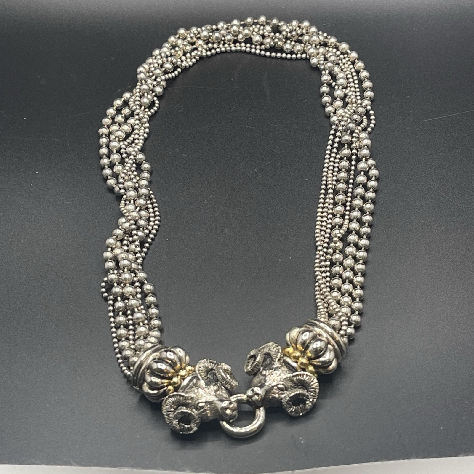 VTG Signed PISCITELLI 7 Strands Silver & Gold Tone Rams Head Statement Necklace