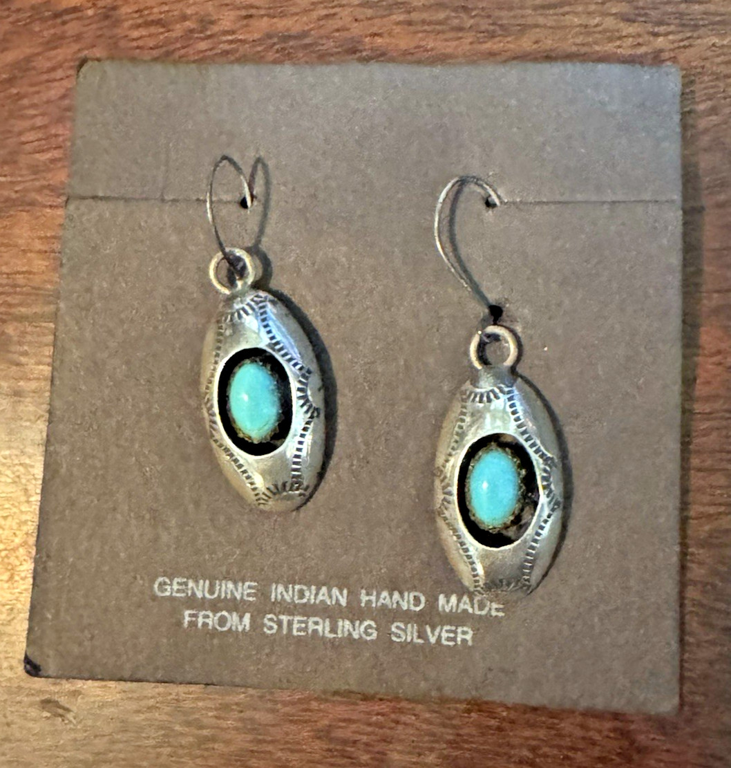 Vintage NOS Navajo Turquoise Shadowbox Dangle Earrings 925 Silver Signed BB