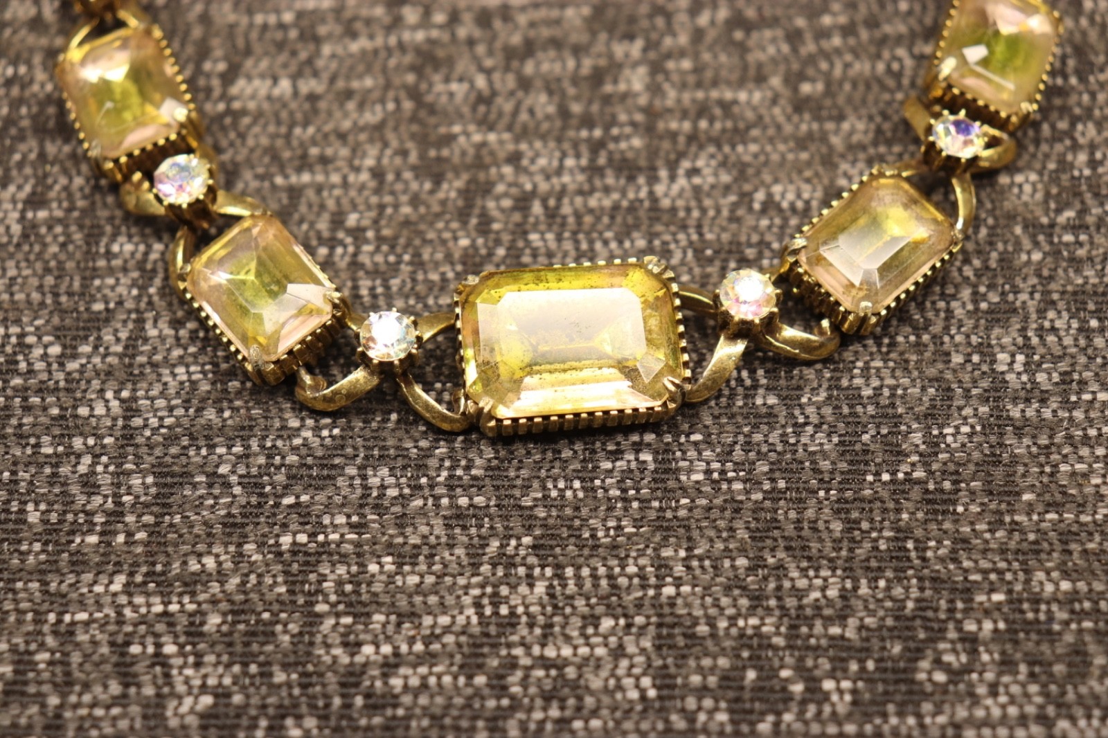 Vintage Florenza Aurora Borealis Lime Green Emerald Cut Runway Necklace