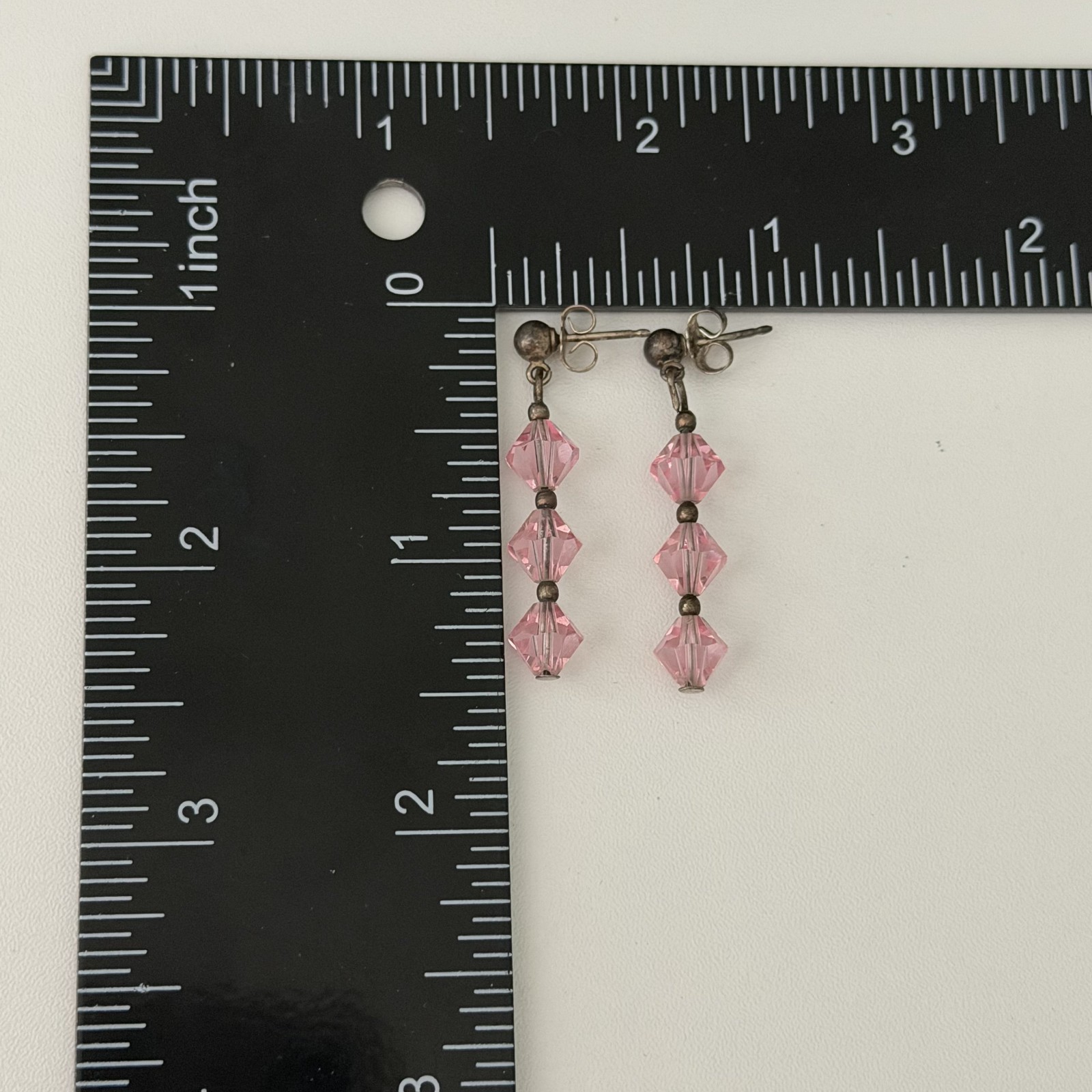 Vintage 925 Sterling Silver Pink Crystal 3 Stone Dangle Earrings