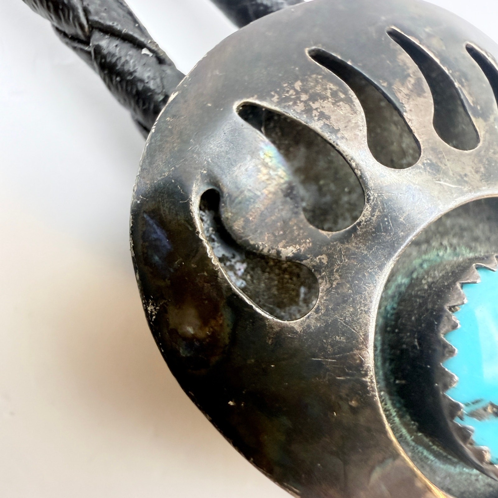 Sterling Silver Turquoise Bear Claw Paw Bolo Tie Southwest Native Shadowbox