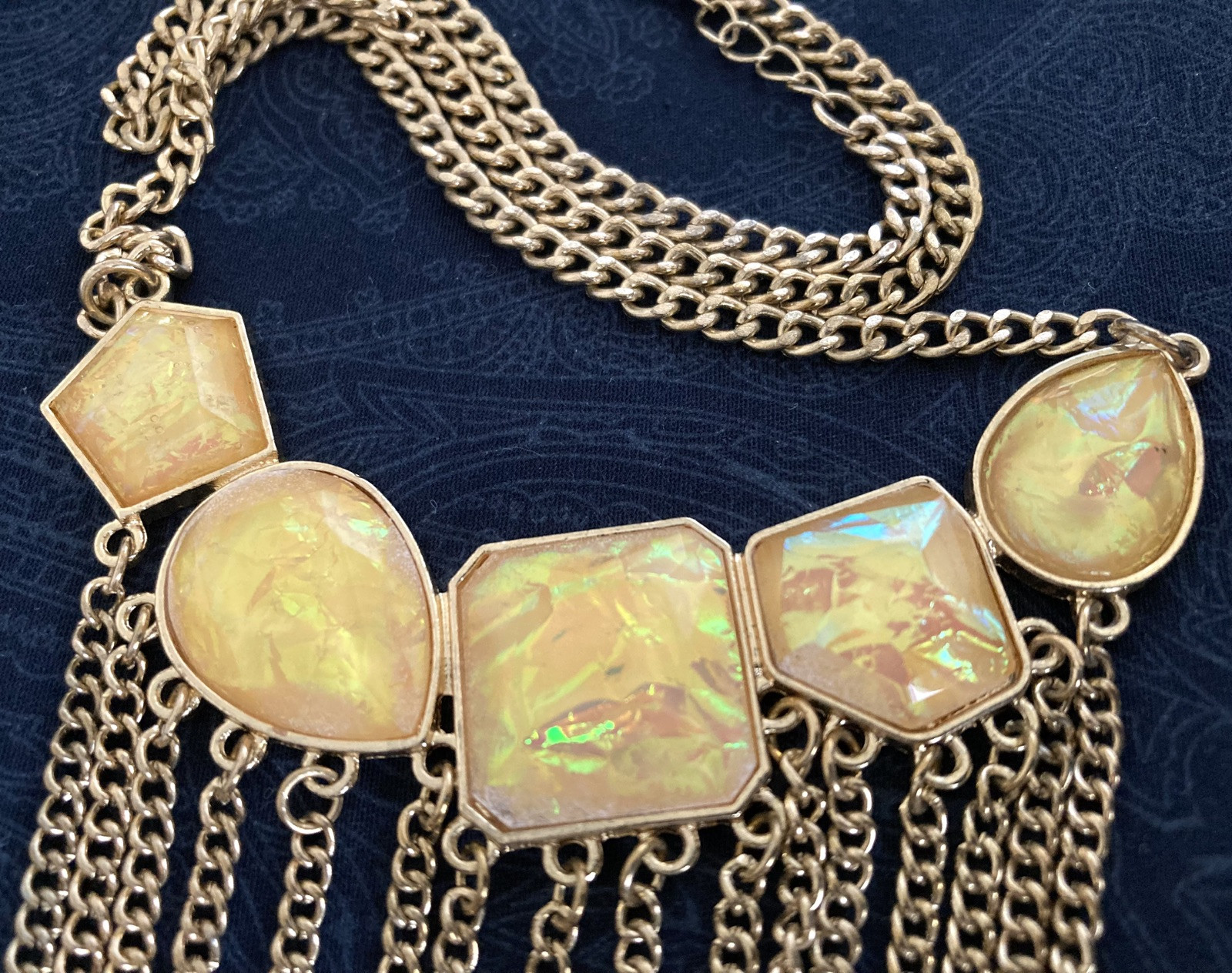 Statement Bib Fringe Necklace Gold Tone Chain Iridescent Yellow Faceted Beads
