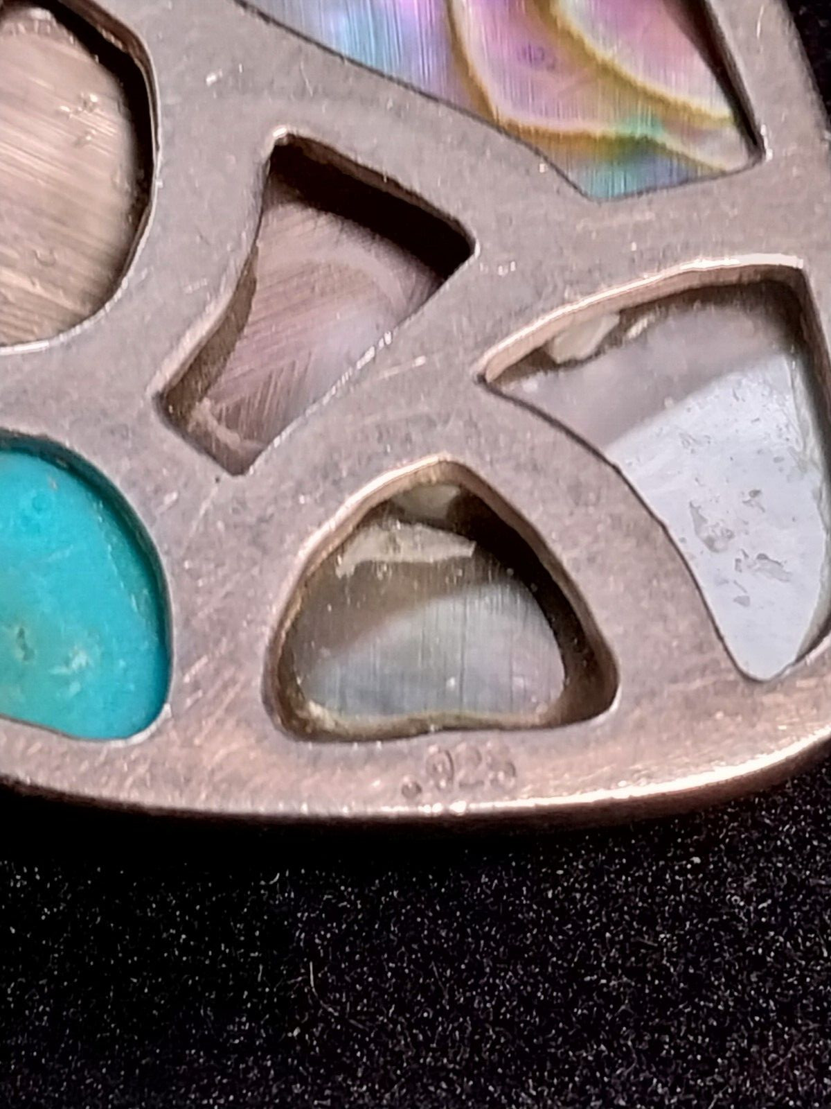 Vintage Abalone Shell Paua & Turquoise Abstract Cluster Pendant & Chain Necklace