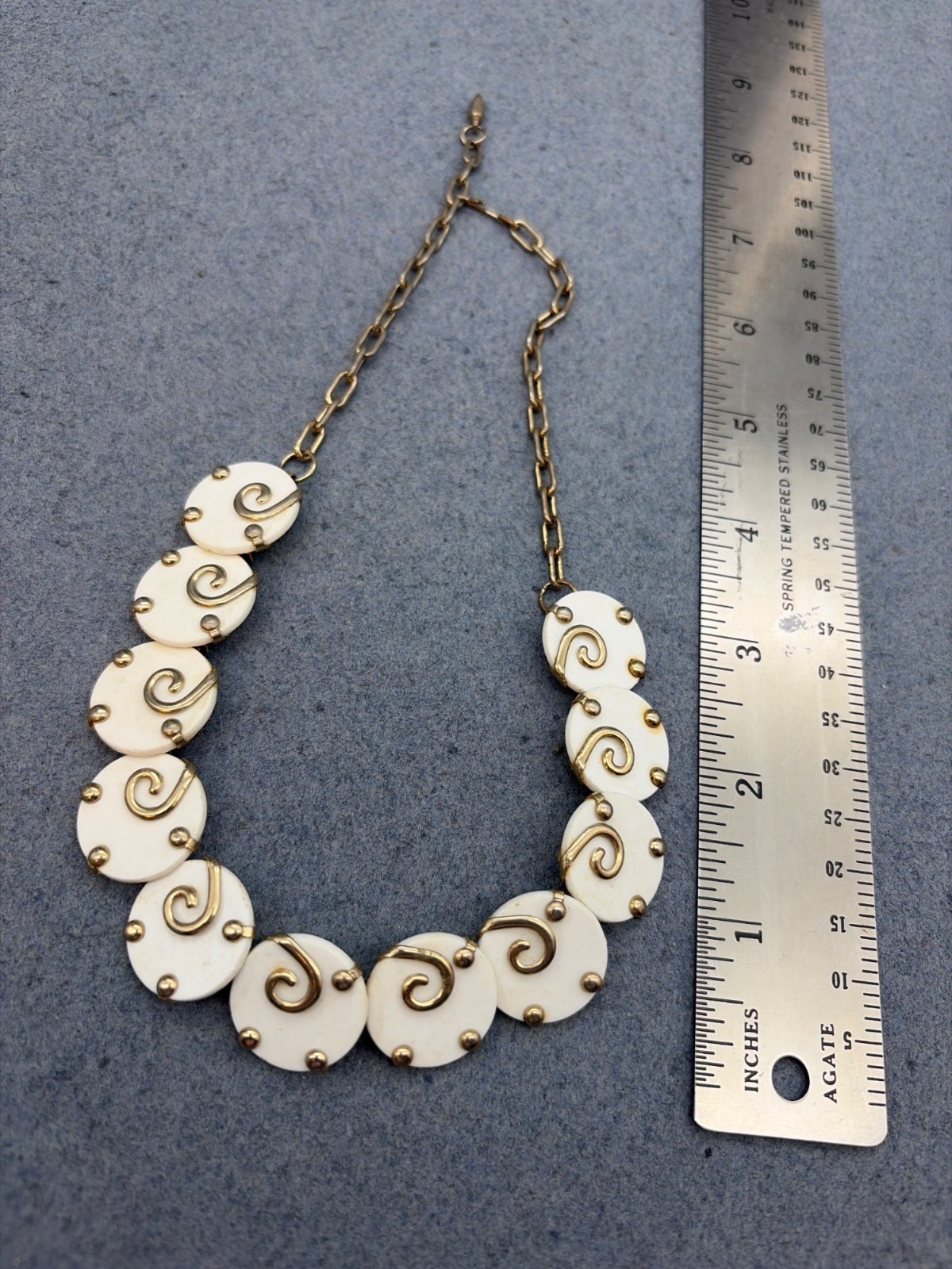 Vintage Swirl Necklace 16 In As Is White Disc Gold Chain Link Retro MCM Glam