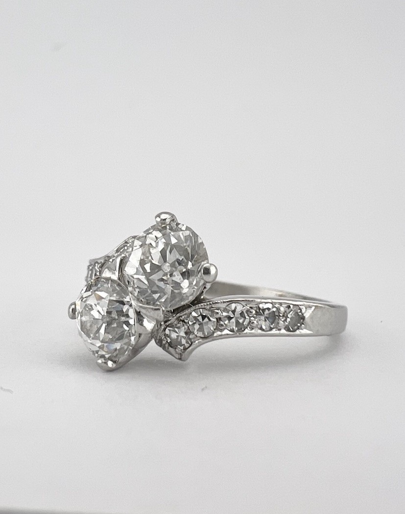 Antique Victorian .900 Platinum Old European Cut Diamond Moi et Toi Bypass Ring