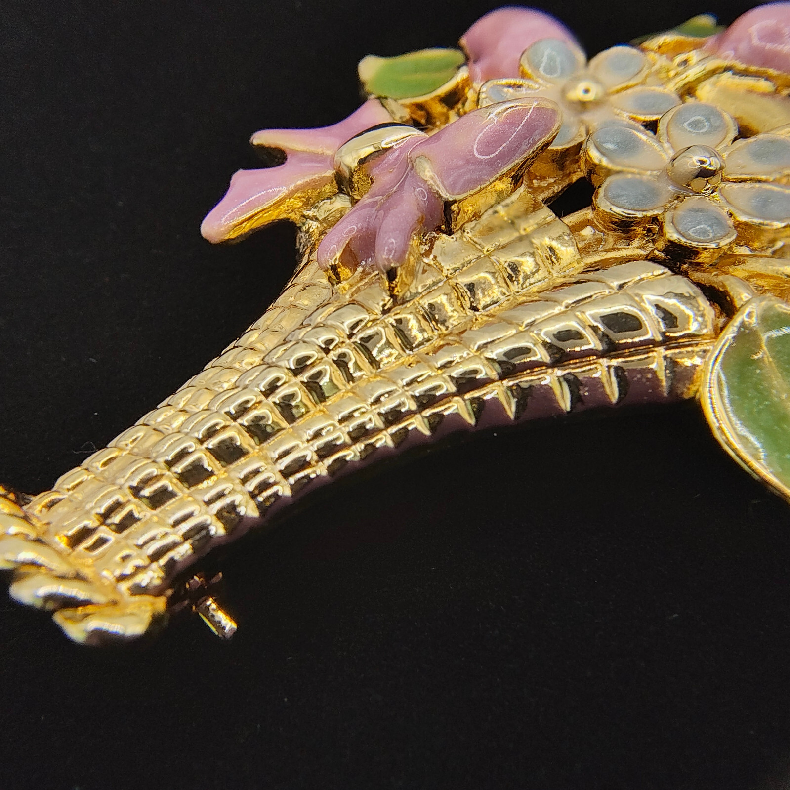 Vintage Flower Basket Brooch Pin Colorful Enamel Gold Tone Cottagecore
