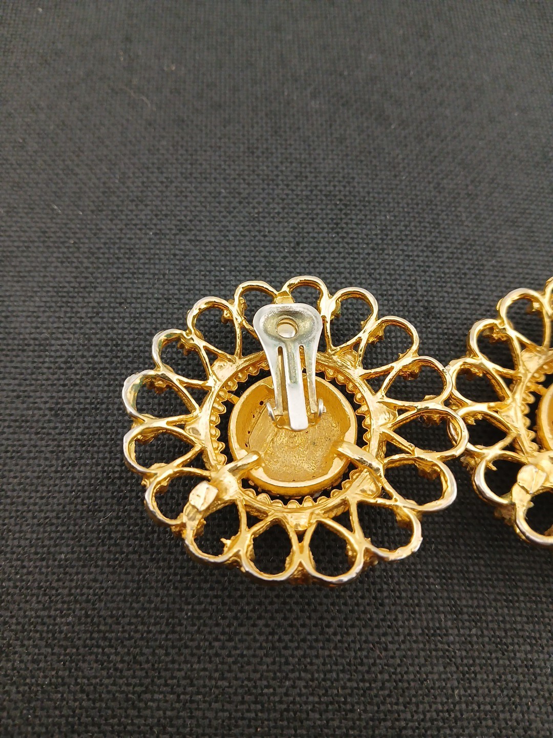 HUGE 1980 gold-tone pave clear crystals open metal work round clip-on earrings