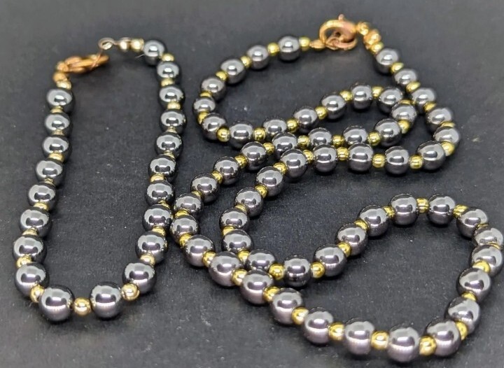 Vintage 20cm Gold Tone Black Hematite Stone 6mm Bead Bracelet & 45cm Necklace