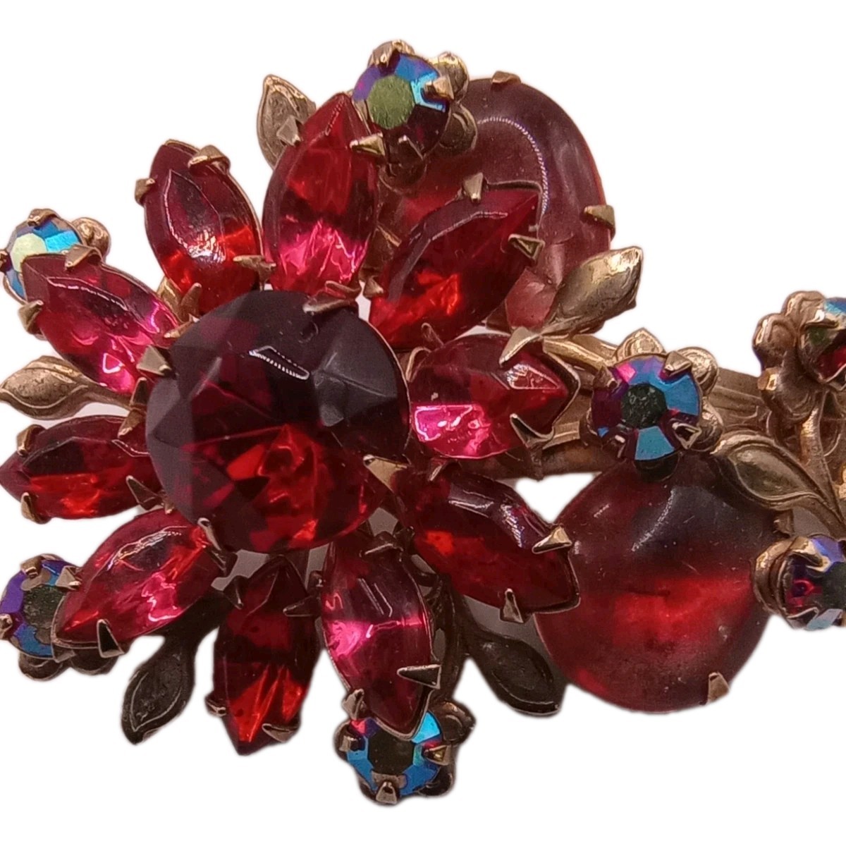 Vintage Ruby Red Floral Rhinestone Brooch Aurora Borealis Accent Pin 2 In