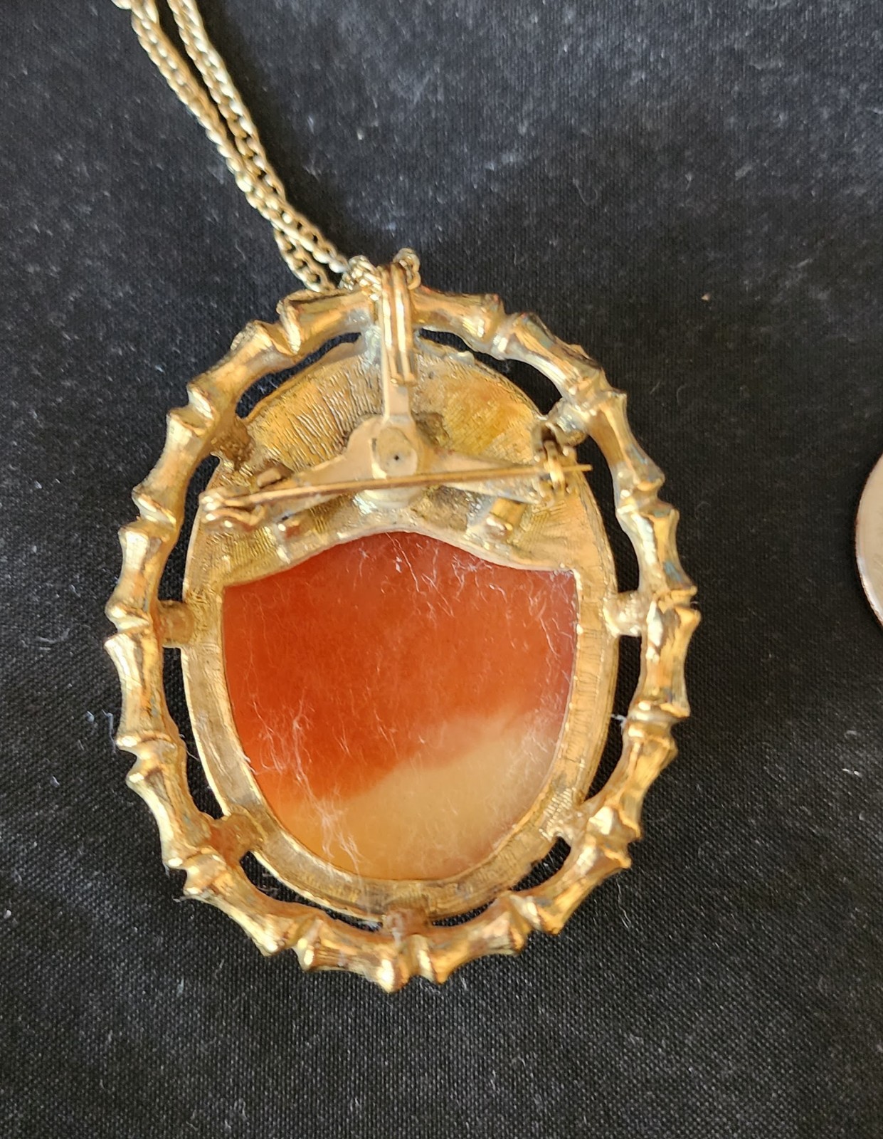 Vintage Salmon Color Lady Head Cameo Necklace Pendant Brooch Pin Beautiful NOS