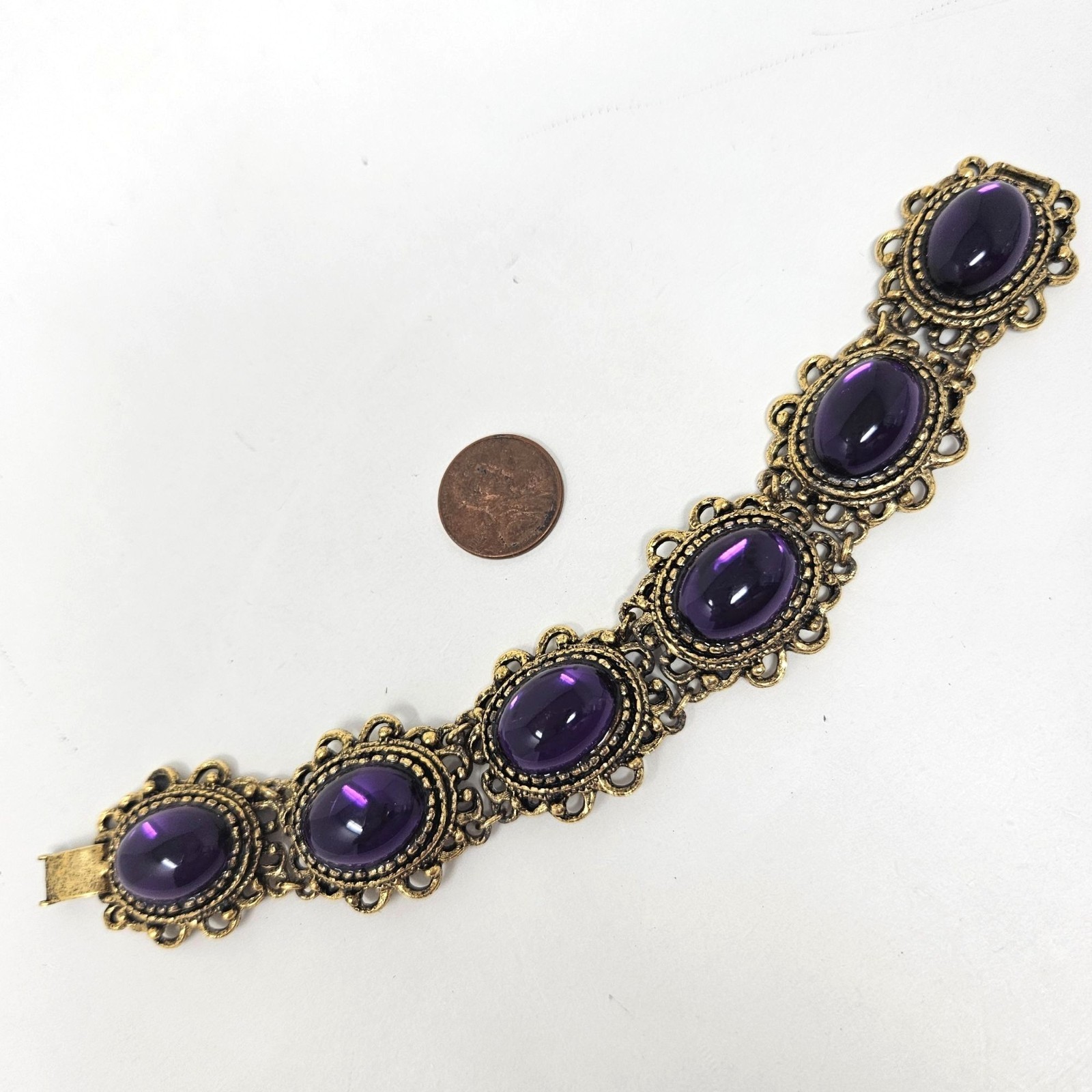 Vintage Antique Gold Tone Purple Lucite Link Bracelet