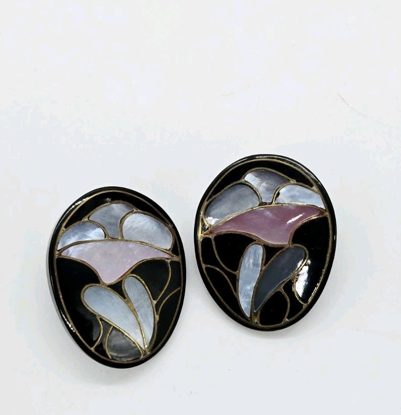Lee Sands Abalone Flower Floral Black Multicolored Pierced Earrings 1.5 in