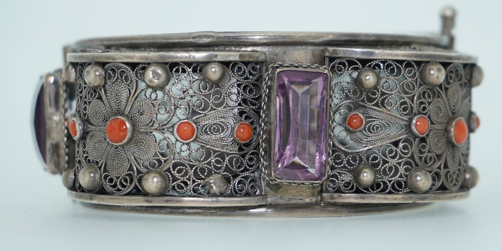 Vintage 800 Cannetille Coral & Amethyst Glass Bracelet