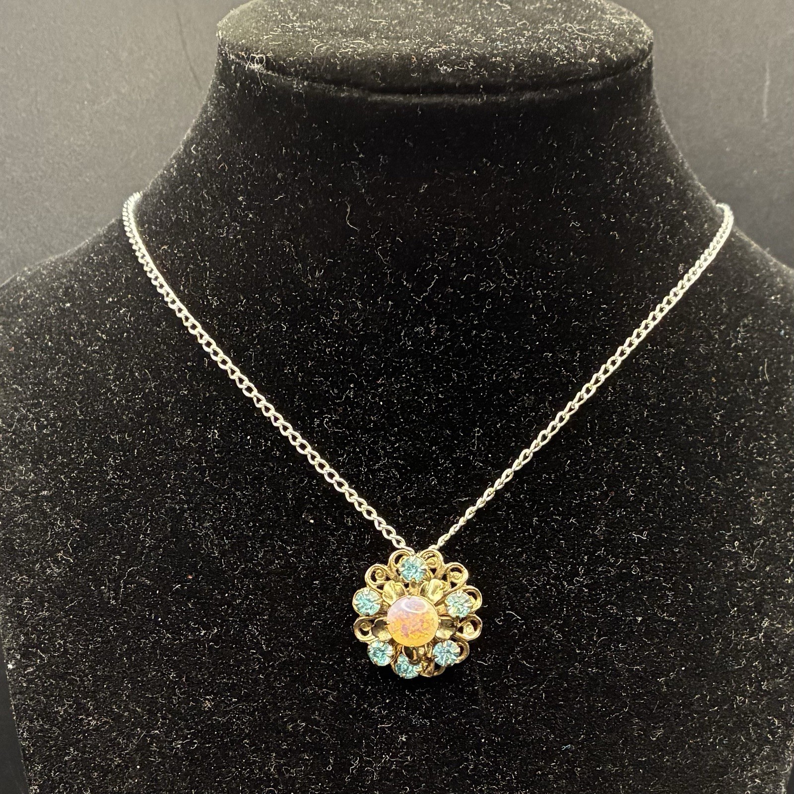 Custom Vintage Faux Opal & Blue Rhinestone Pendant Necklace, Very Fetching! OOAK