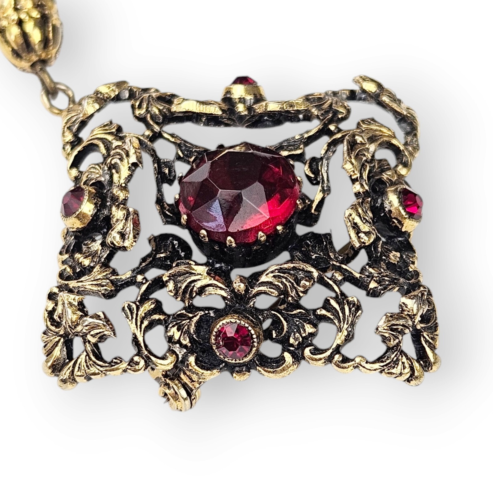 Austria Rhinestone Floral Brooch Vtg Art Nouveau Red Glass Brass Massive 4.25″