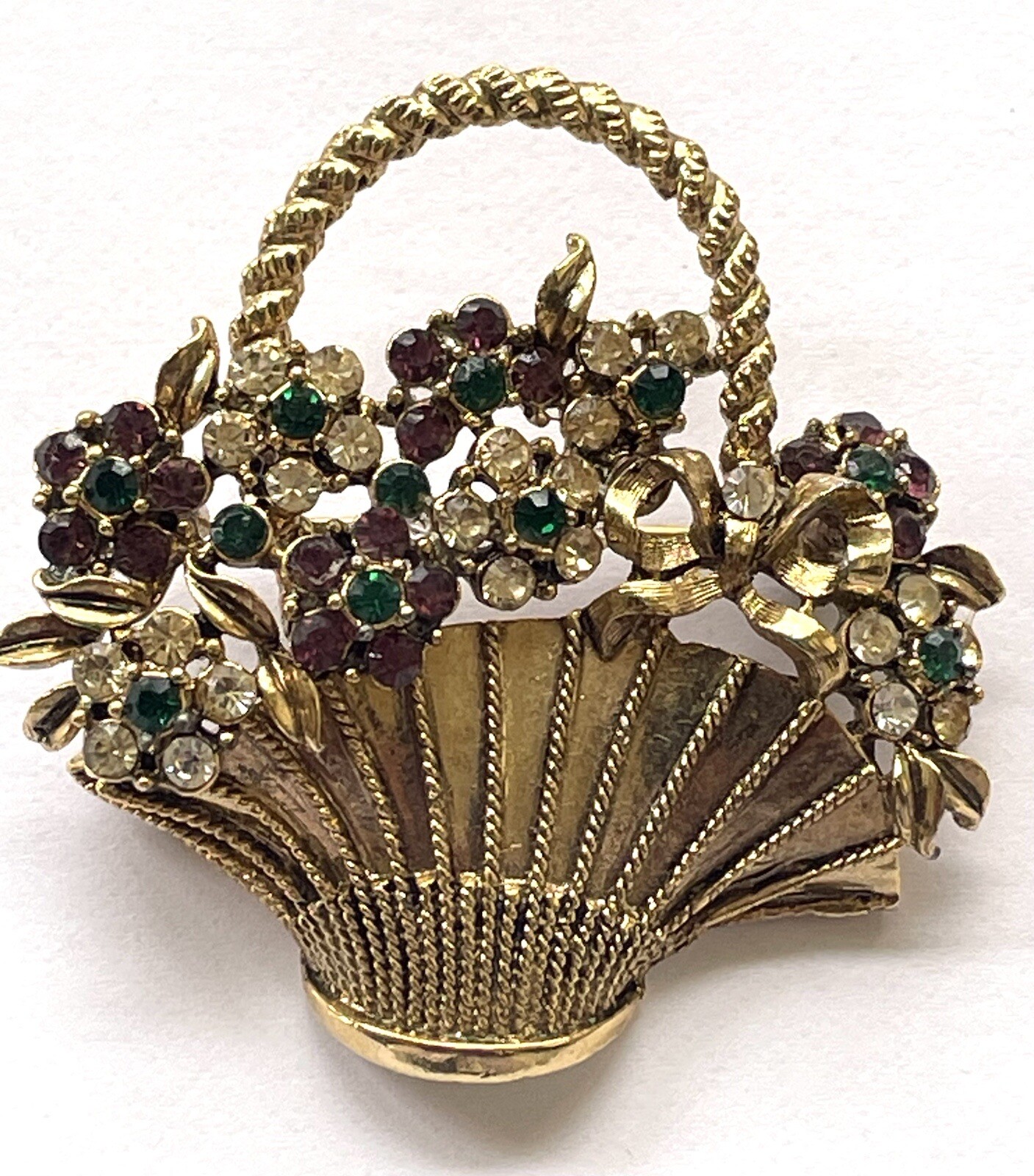 Vintage Gem-Craft Signed Flowers On Basket Brooch Green White Purple Rhinestones