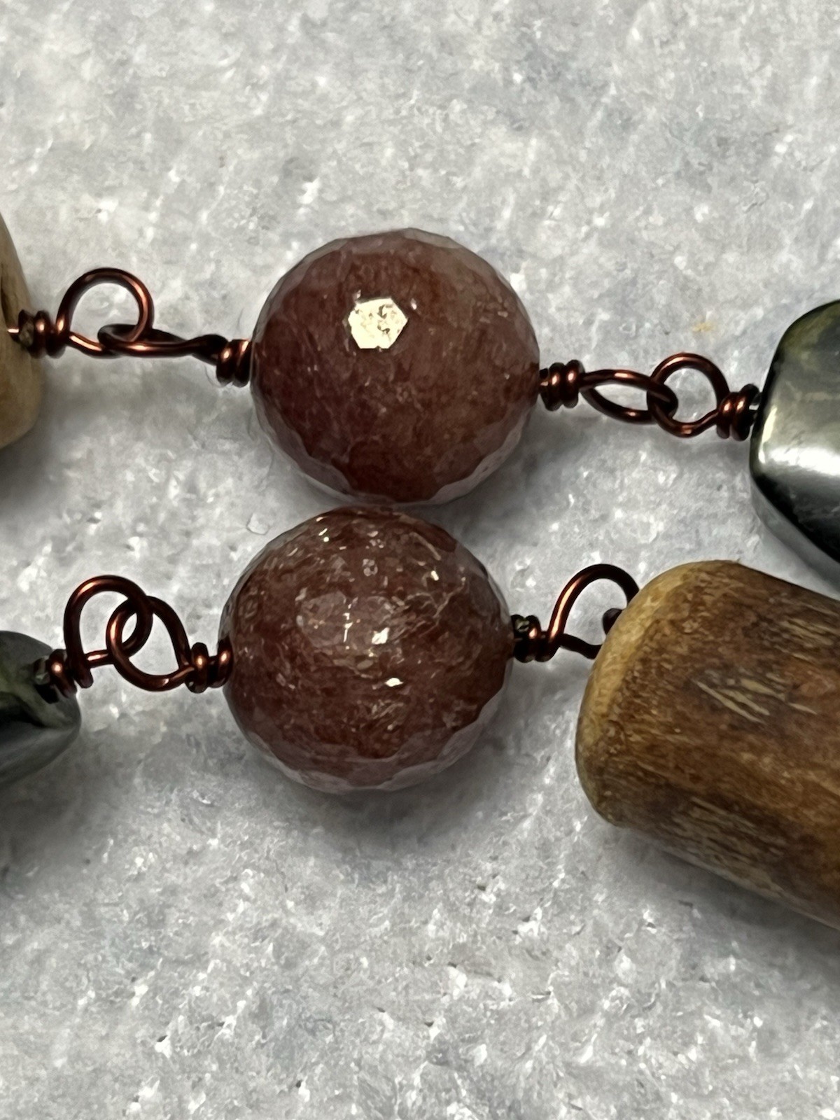 ESTATE CHINESE CARVED TIGERS EYE, JADE JASPER STONE NECKLACE 18” STERLING COPPER