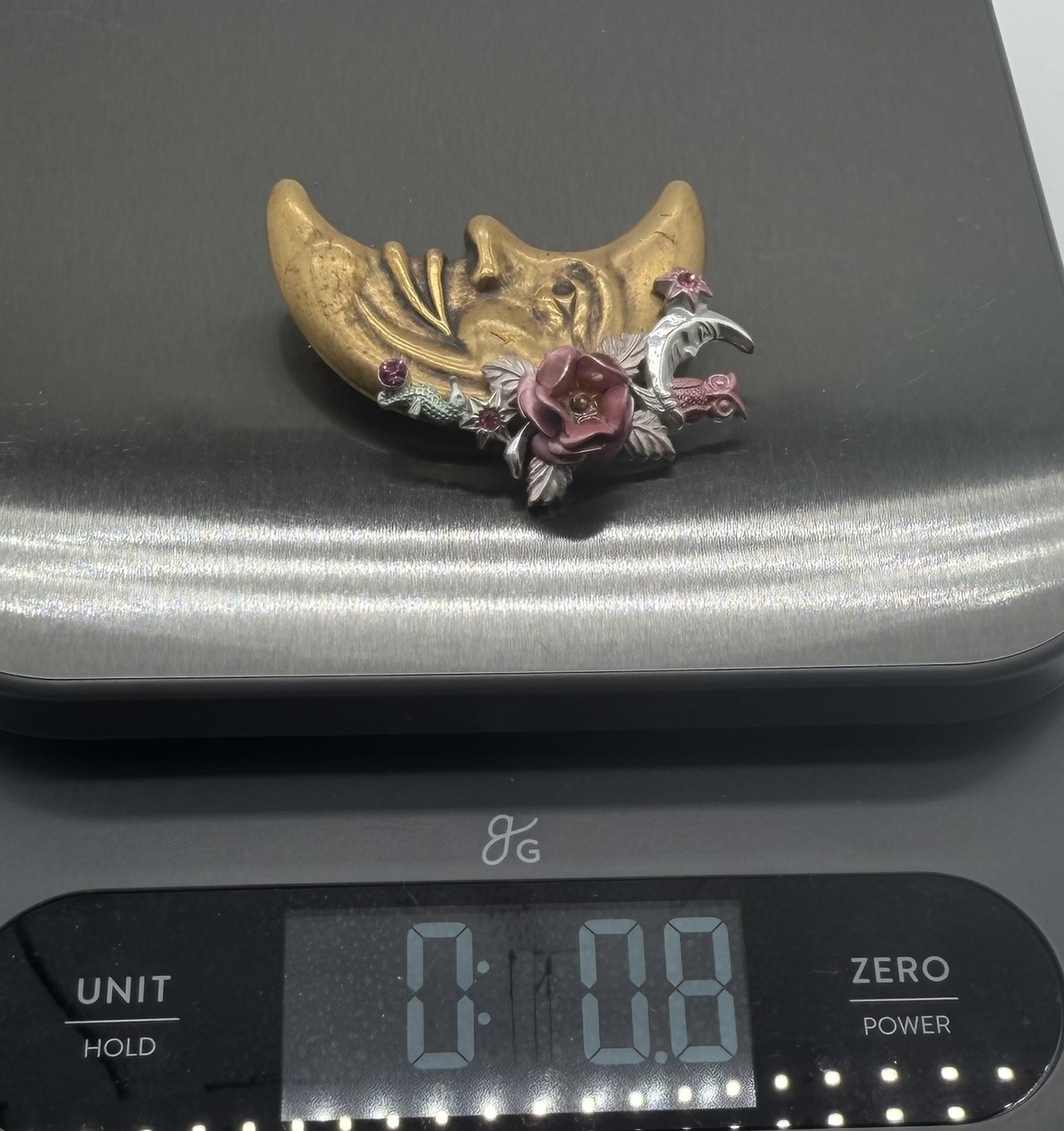 Vintage Crescent Moon Face Brooch Pink Rhinestones Owl Rose Seahorse Whimsical
